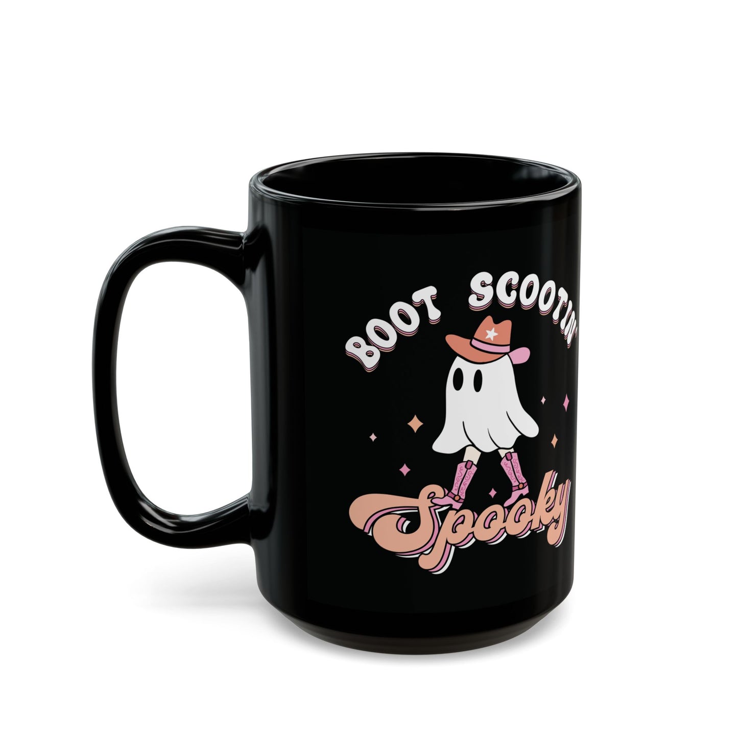 Boot Scootin Spooky Mug - Black Ceramic Coffee Cup with Cute Ghost Design - Fun Halloween Gift - 11oz & 15oz