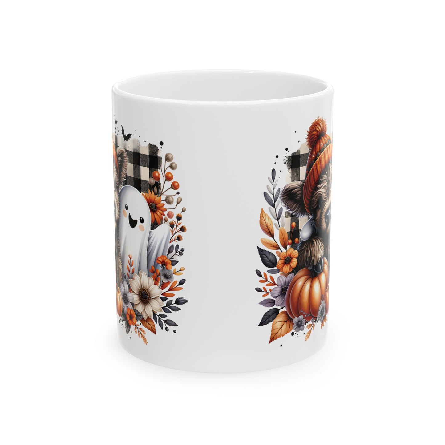 Cozy Fall Highland Cow and Ghost Ceramic Mug - Adorable Autumn Cow and Pumpkin Design - Perfect for Fall and Halloween Lovers