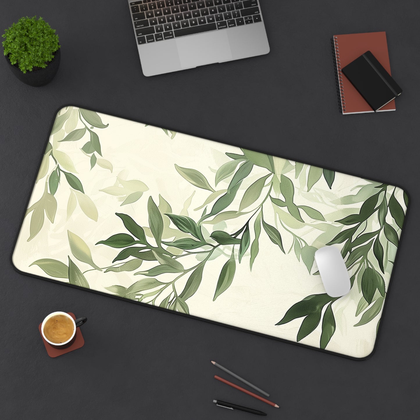 Green Leaves Computer Desk Mat | Botanical Mouse Pad | Anti-Slip Neoprene Desk Mat for Home Office | 3 Sizes Available