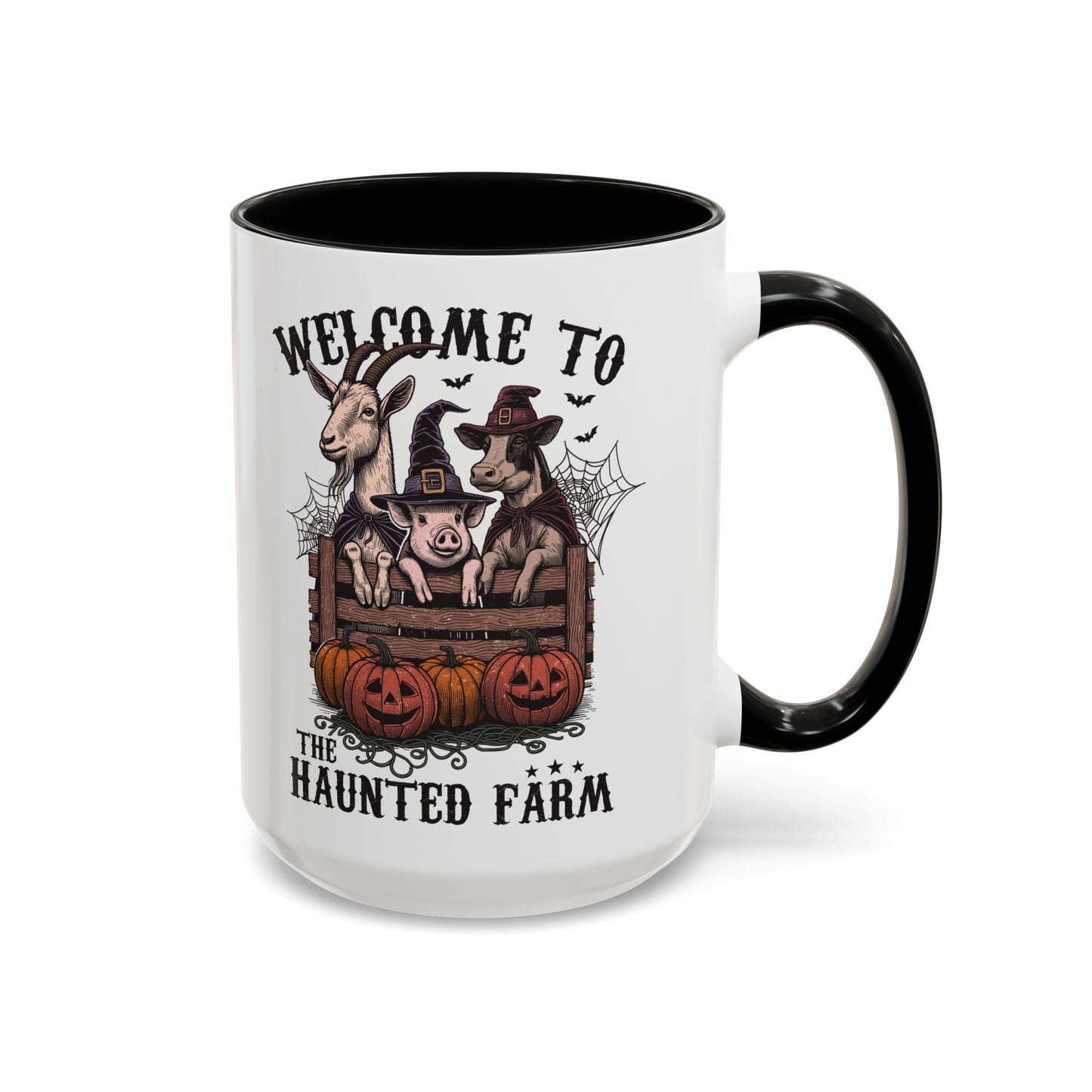 Welcome to the Haunted Farm Mug | Spooky Farm Animal Halloween Cup | Goat, Pig, and Cow in Witch Hats