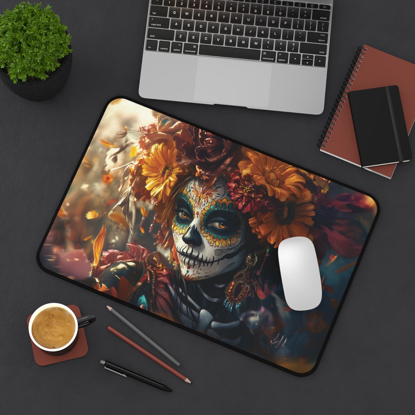 Radiant Day of the Dead Desk Mat | Vibrant Floral Calavera Design | Neoprene Office Decor