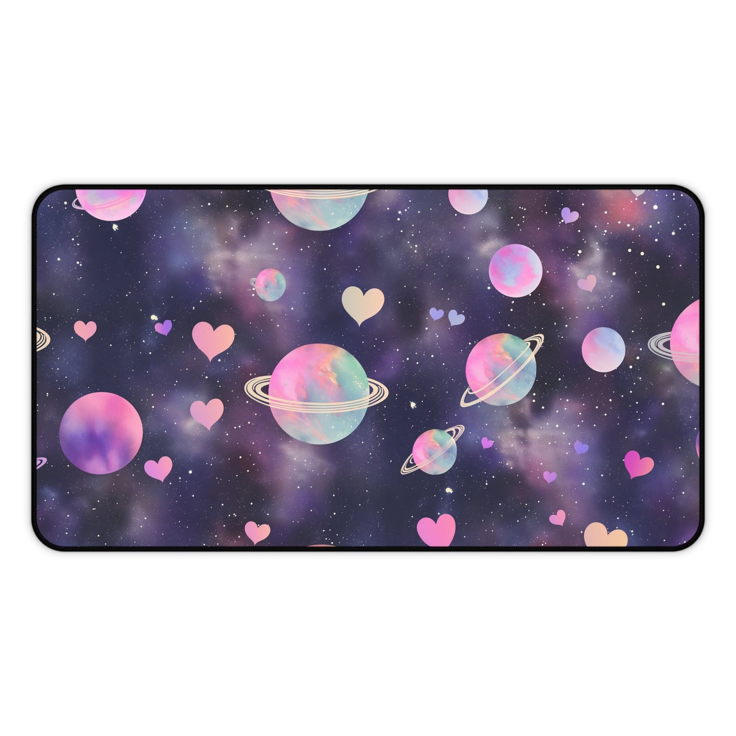 Cosmic Love Computer Desk Mat | Pastel Planets and Hearts Mouse Pad | Anti-Slip Neoprene Desk Mat for Home Office | 3 Sizes Available