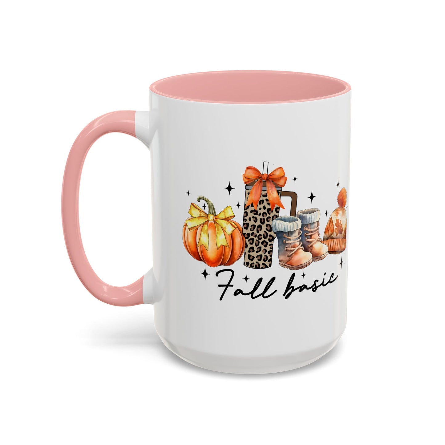 Fall Basic Autumn Mug | 11oz/15oz Ceramic Coffee Cup | Cozy Fall Essentials Design | Pink, Red, Black, Light Blue, or Navy Handle & Interior