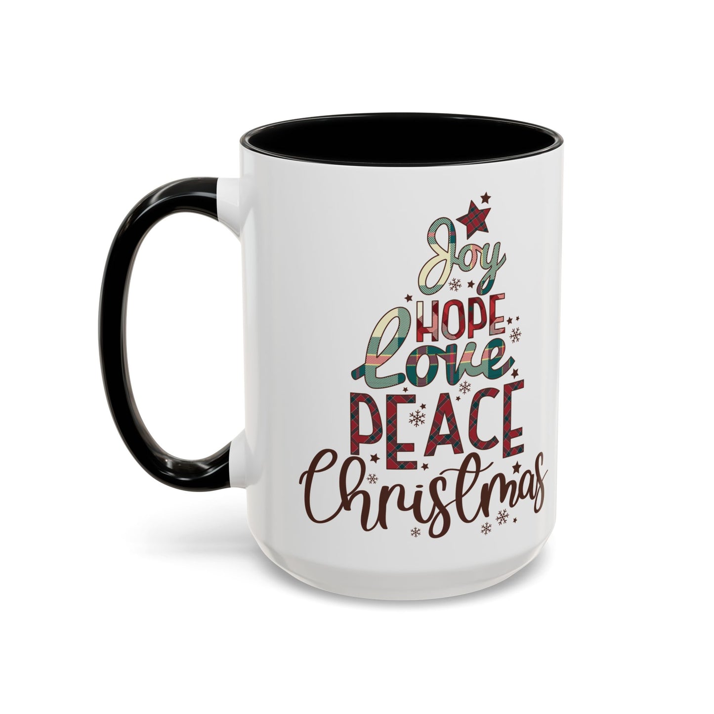 Joy Hope Love Peace Christmas Mug | Festive Holiday Plaid Design | Christmas Tree Word Art Coffee Mug