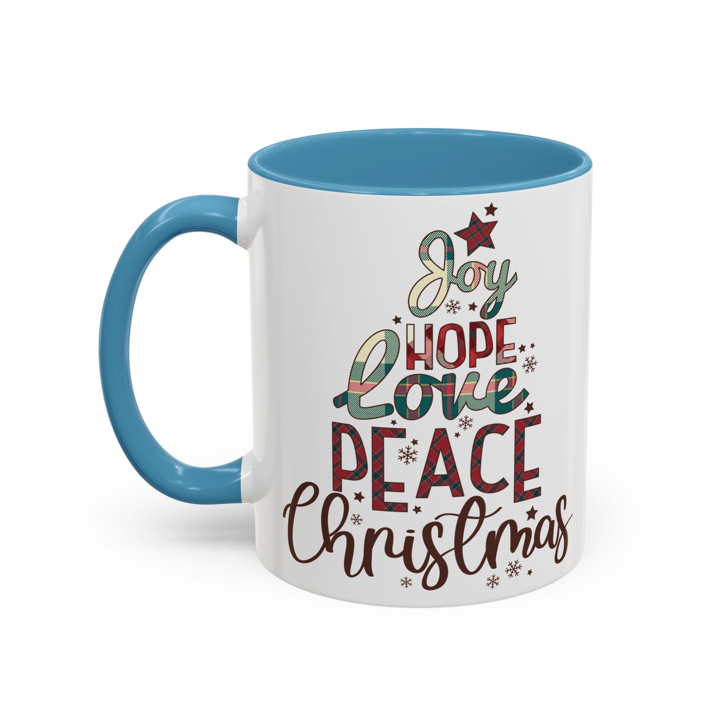 Joy Hope Love Peace Christmas Mug | Festive Holiday Plaid Design | Christmas Tree Word Art Coffee Mug