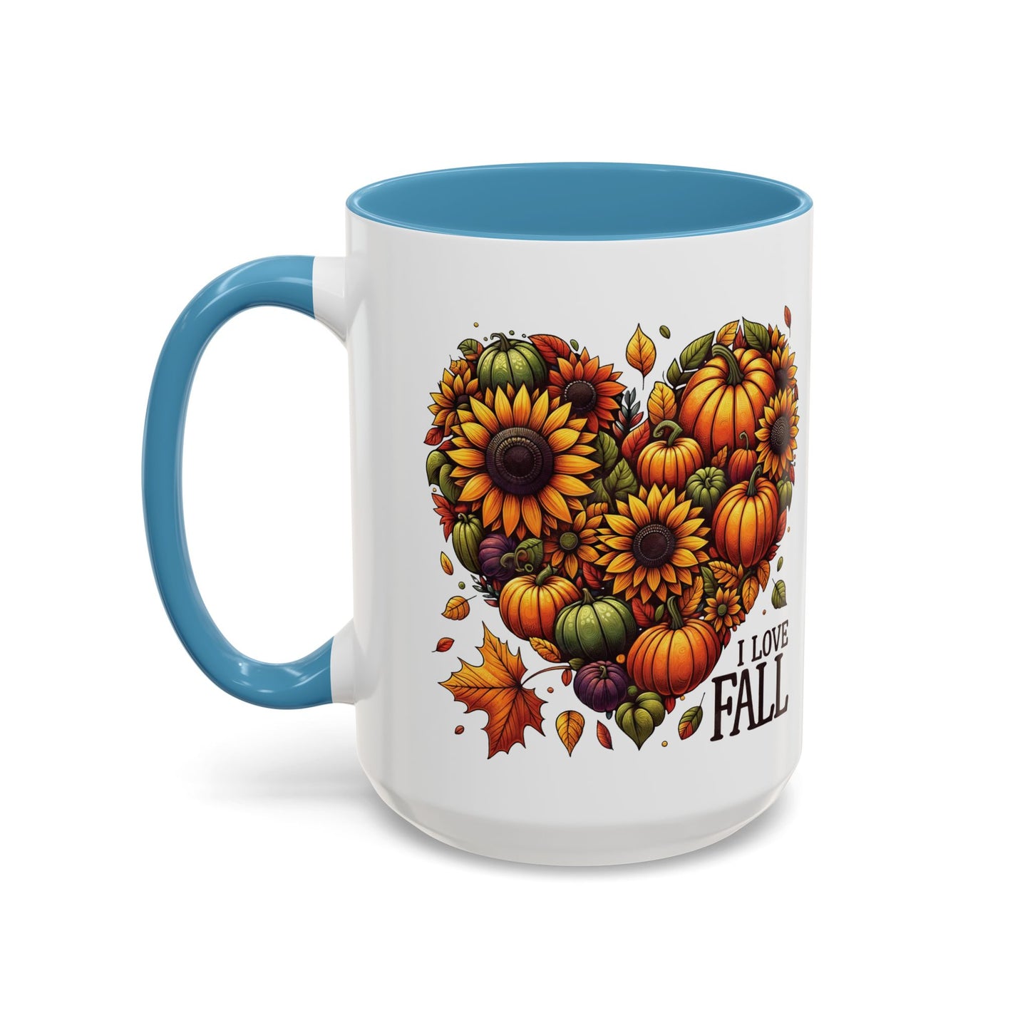 I Love Fall Autumn Mug | 11oz and 15oz Ceramic Coffee Cup | Sunflower and Pumpkin Heart Design