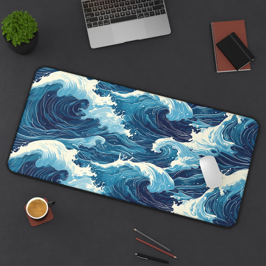 Ocean Wave Desk Mat | Blue Wave Design | Neoprene | Anti-Slip | 3 Sizes