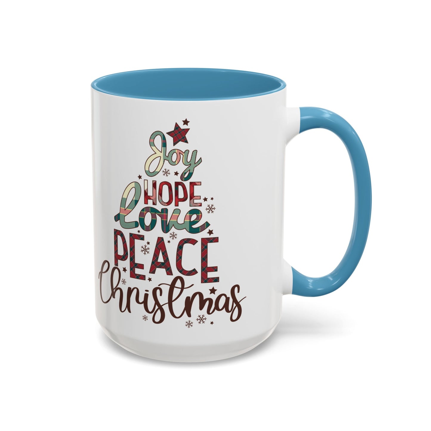 Joy Hope Love Peace Christmas Mug | Festive Holiday Plaid Design | Christmas Tree Word Art Coffee Mug