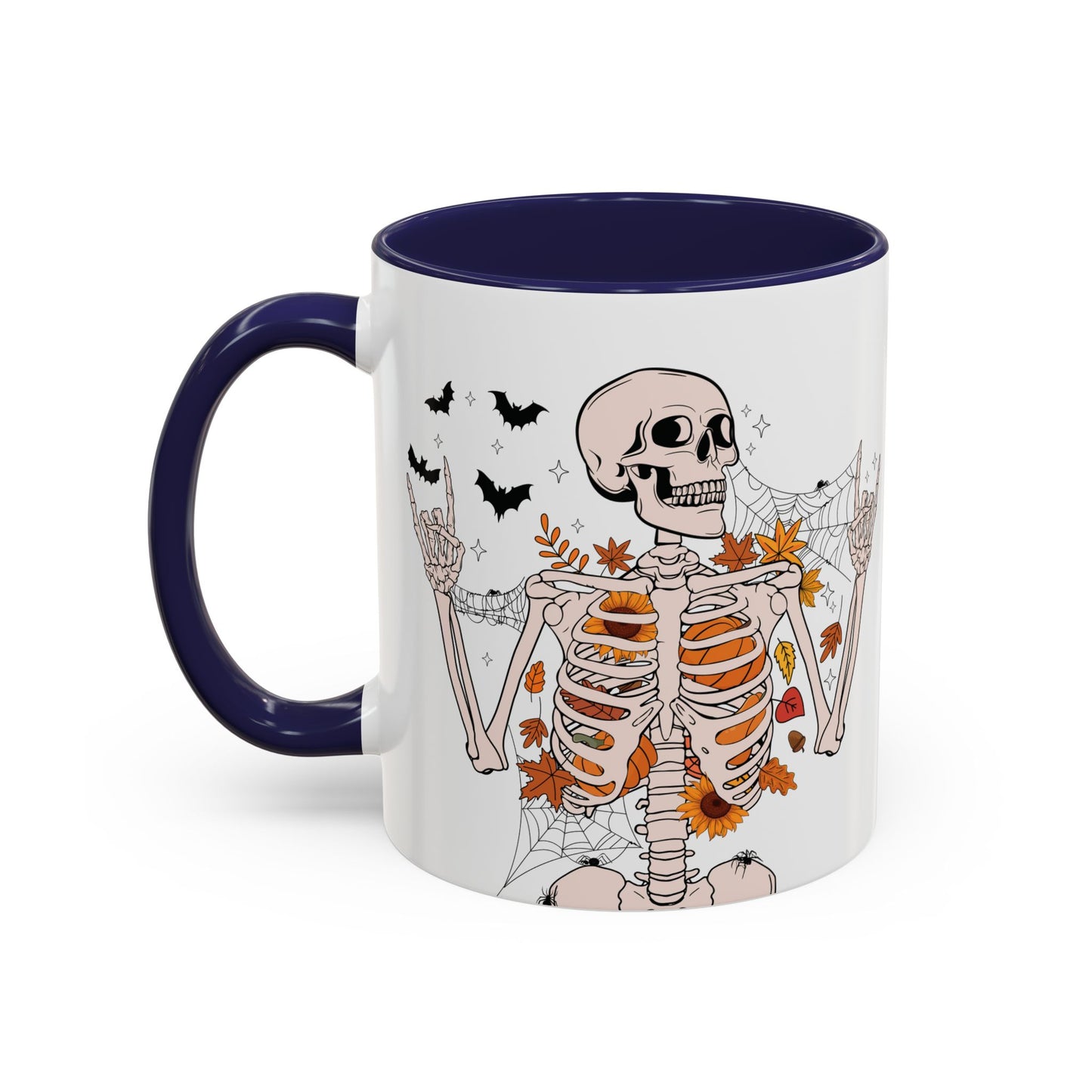 Spooky Skeleton Halloween Mug | 11oz and 15oz Ceramic Coffee Cup | Fall Leaves & Bats Design