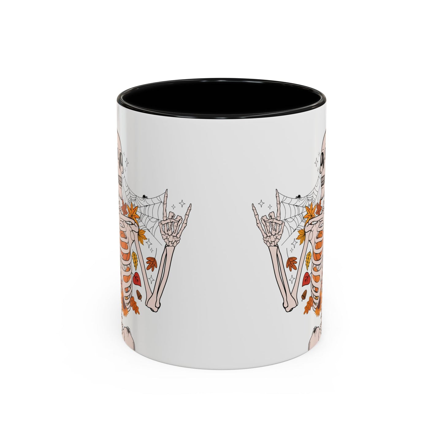 Spooky Skeleton Halloween Mug | 11oz and 15oz Ceramic Coffee Cup | Fall Leaves & Bats Design