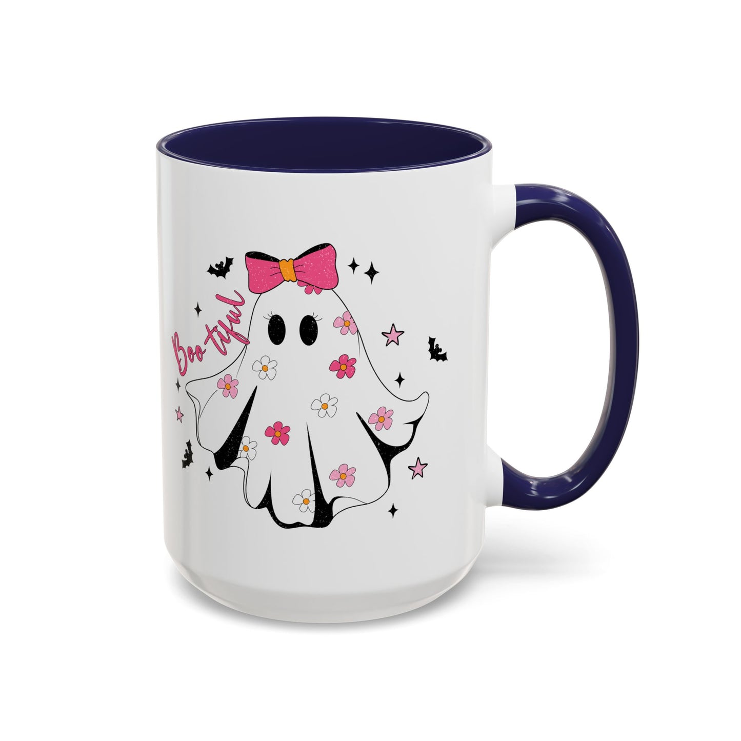 Boo-tiful Halloween Ghost Mug | 11oz and 15oz Coffee Cup | Cute Floral Design | Pink, Red, Black, Light Blue, or Navy Handle and Interior