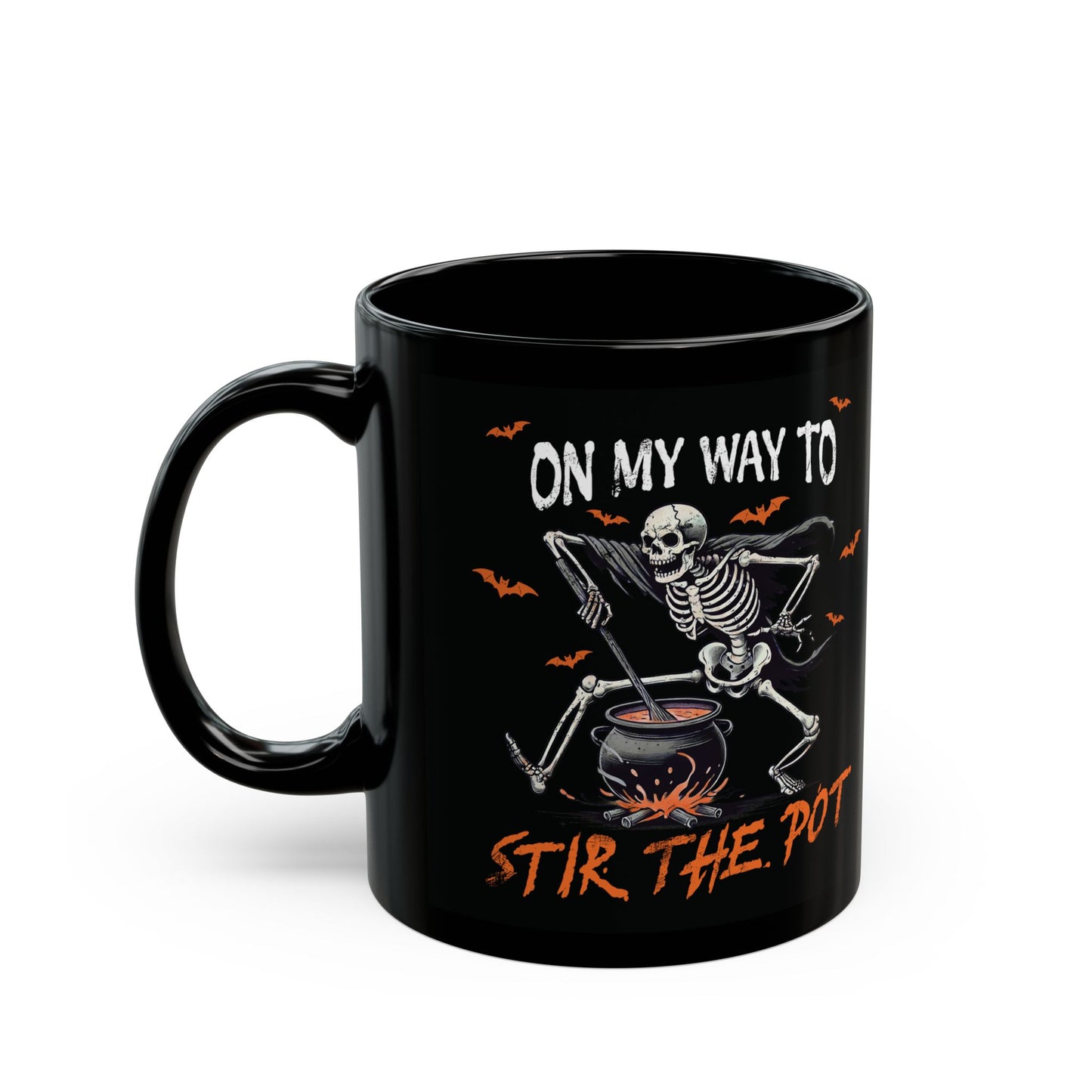 On My Way to Stir the Pot Ceramic Mug - Funny Skeleton Halloween Design - Perfect for Spooky Season