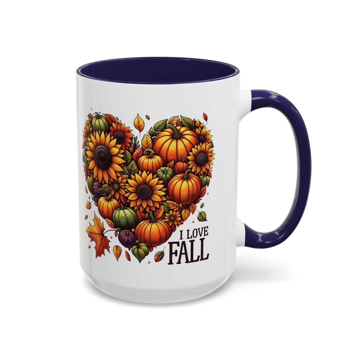 I Love Fall Autumn Mug | 11oz and 15oz Ceramic Coffee Cup | Sunflower and Pumpkin Heart Design