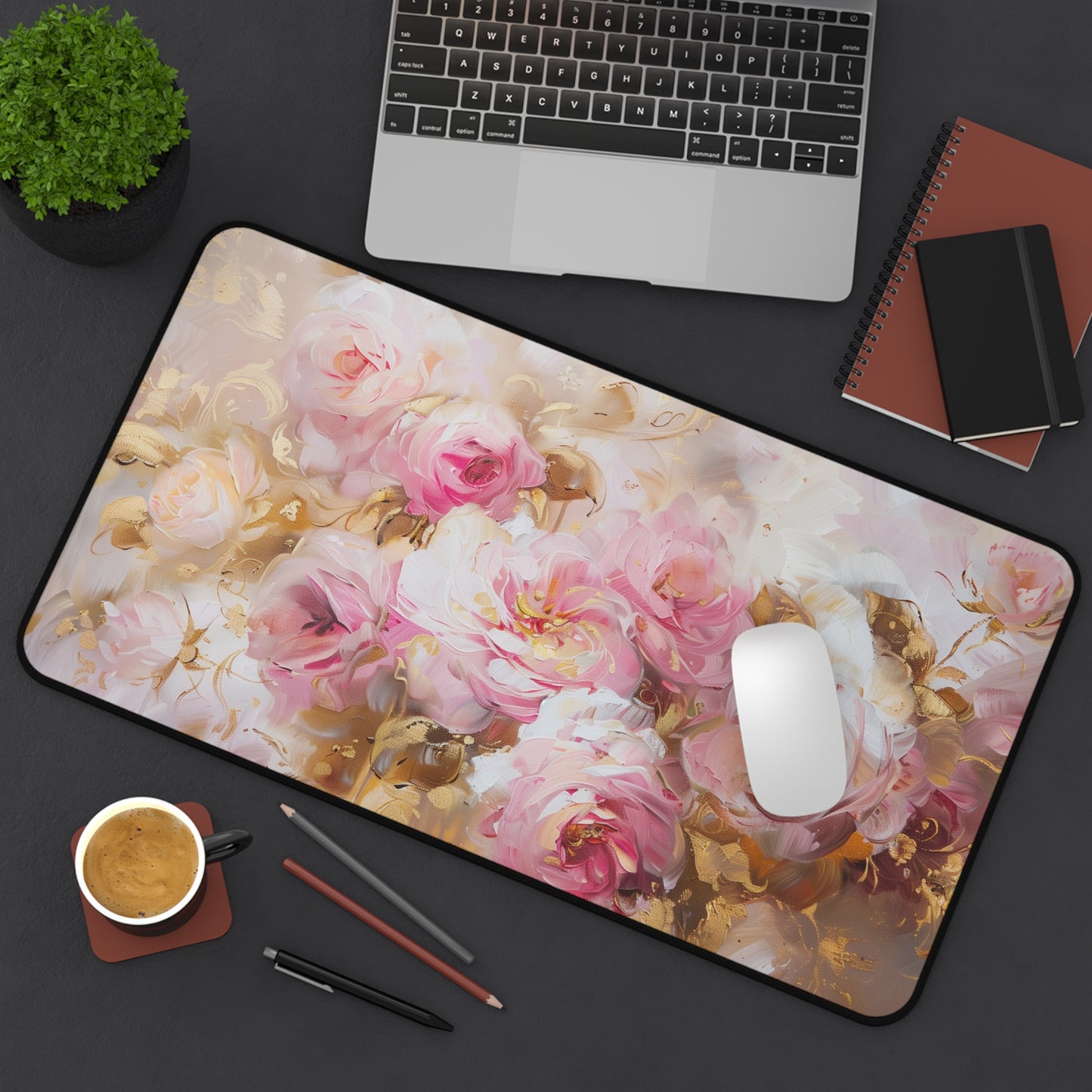 Elegant Floral Computer Desk Mat | Rose Garden Mouse Pad | Anti-Slip Neoprene Desk Mat for Home Office | 3 Sizes Available