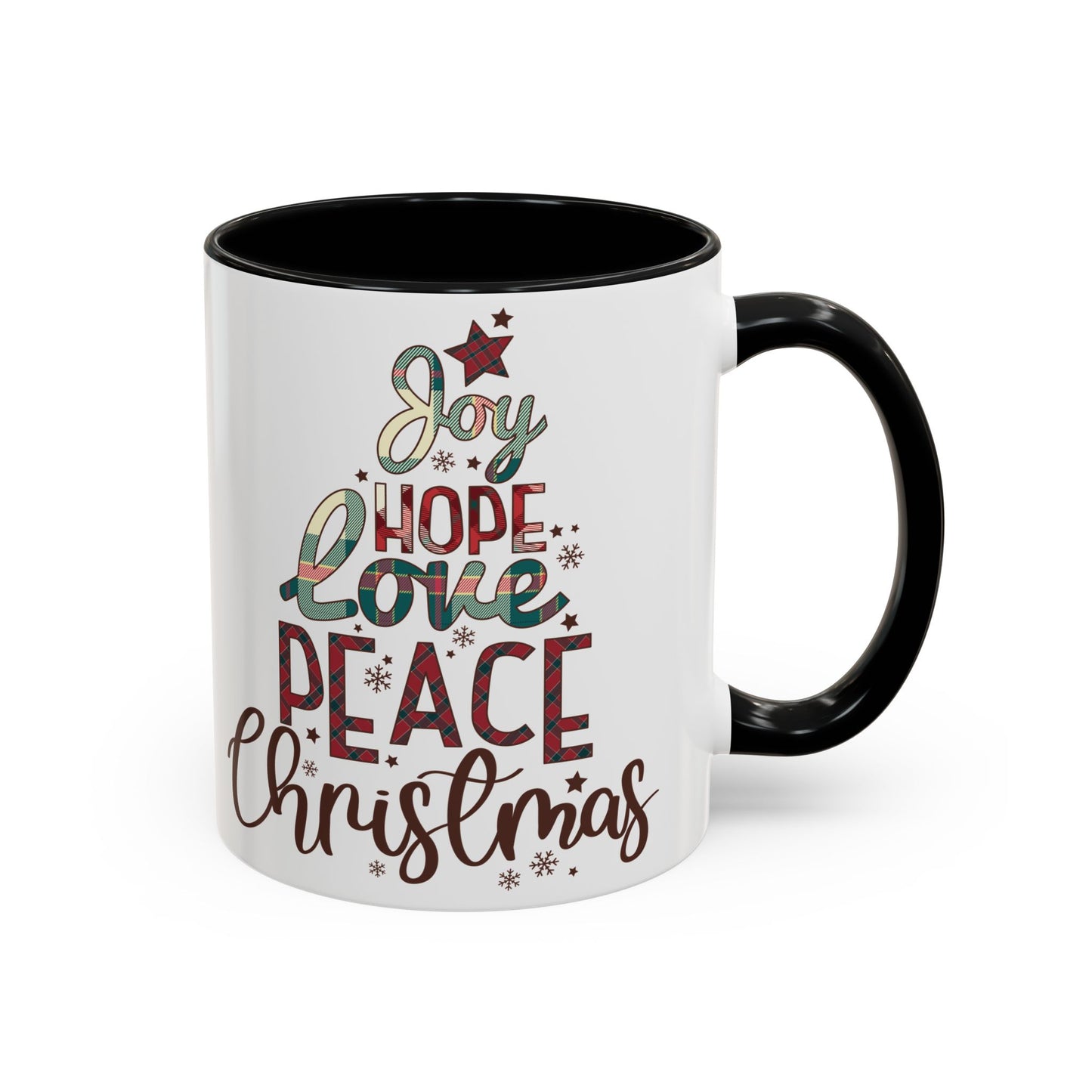 Joy Hope Love Peace Christmas Mug | Festive Holiday Plaid Design | Christmas Tree Word Art Coffee Mug