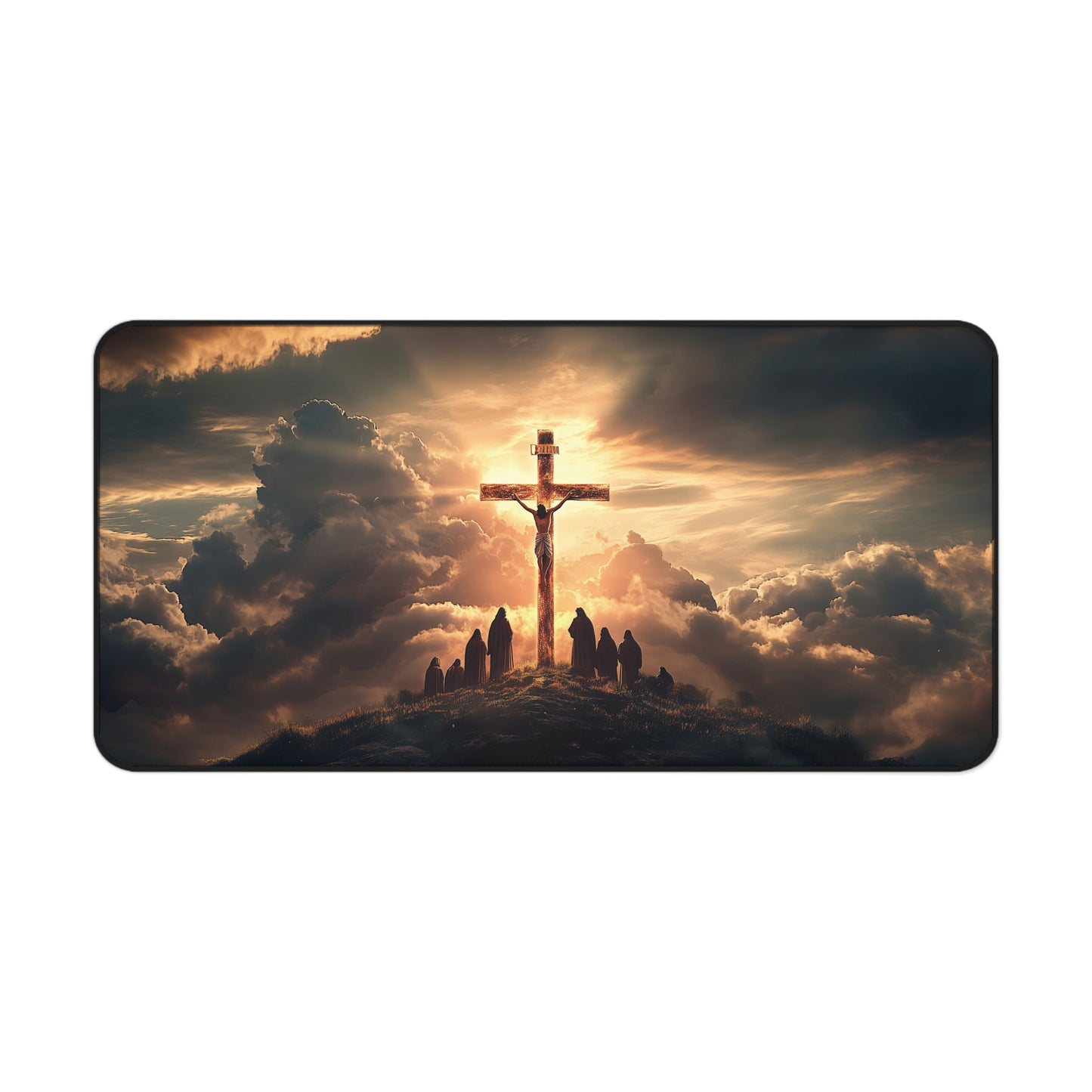 Crucifixion Sunrise Desk Mat | Neoprene | Anti-Slip | Inspirational Christian Art | Office & Gaming Decor | 3 Sizes