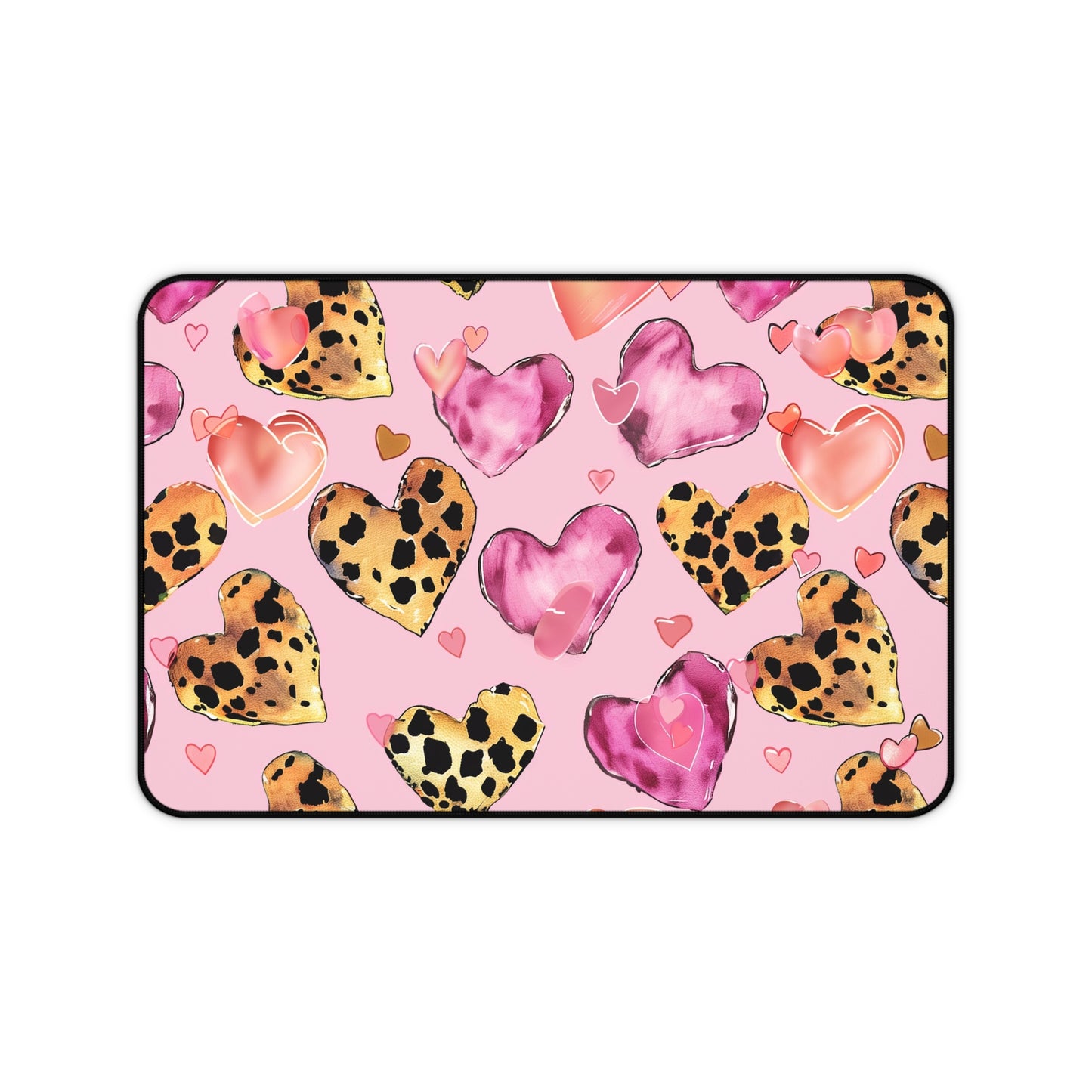 Heart Pattern Computer Desk Mat | Pink Leopard Hearts Mouse Pad | Anti-Slip Neoprene Desk Mat for Home Office | 3 Sizes Available