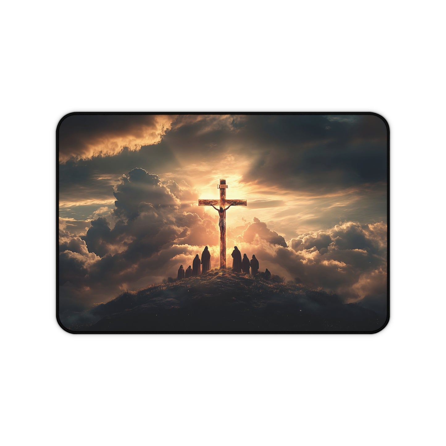 Crucifixion Sunrise Desk Mat | Neoprene | Anti-Slip | Inspirational Christian Art | Office & Gaming Decor | 3 Sizes