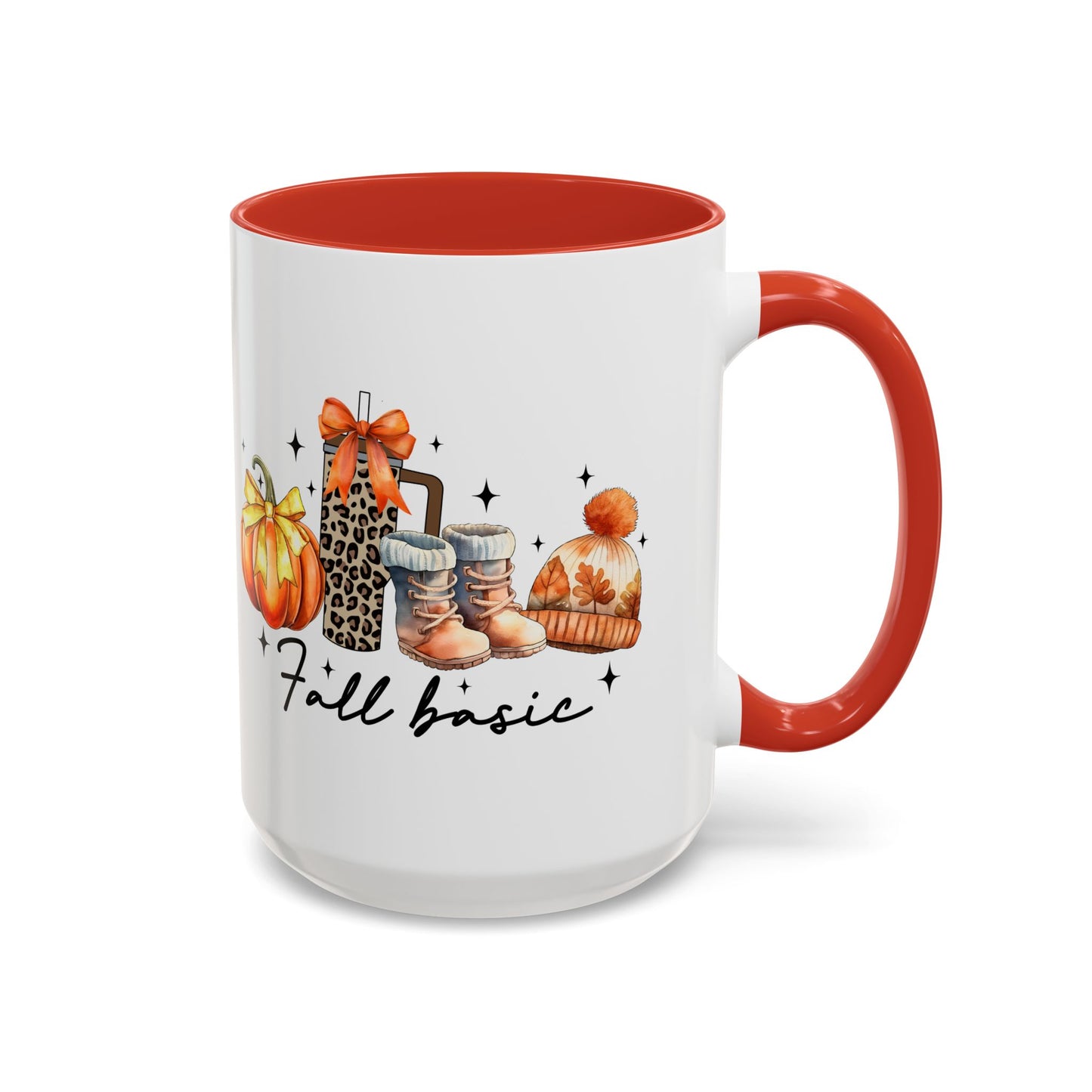 Fall Basic Autumn Mug | 11oz/15oz Ceramic Coffee Cup | Cozy Fall Essentials Design | Pink, Red, Black, Light Blue, or Navy Handle & Interior