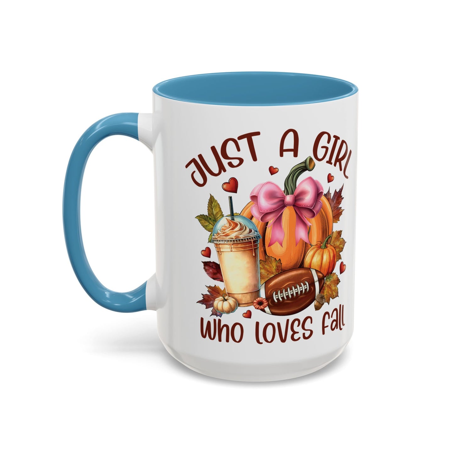 Just a Girl Who Loves Fall Mug | 11oz and 15oz Ceramic Coffee Cup | Autumn, Pumpkin, and Football Design