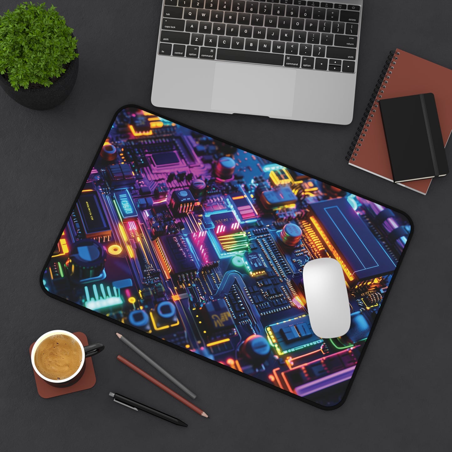 Hyper Neon Circuit Desk Mat | Neoprene | Anti-Slip | Futuristic Tech Design | Office & Gaming Decor | 3 Sizes