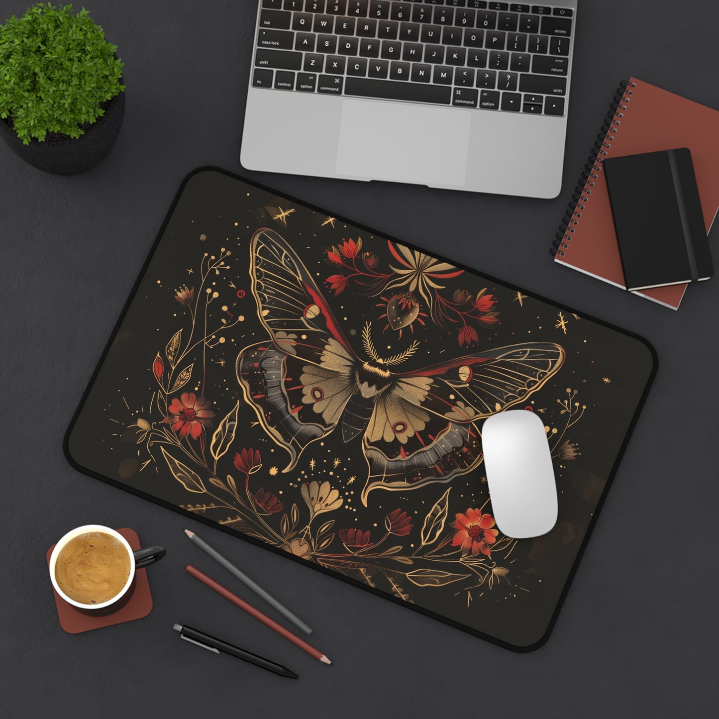 Mystical Moth Computer Desk Mat | Enchanted Floral Mouse Pad | Anti-Slip Neoprene Desk Mat for Home Office | 3 Sizes Available