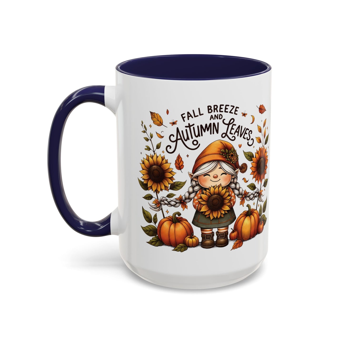 Fall Breeze and Autumn Leaves Mug | 11oz and 15oz Ceramic Coffee Cup | Cute Gnome, Sunflower, & Pumpkin Design