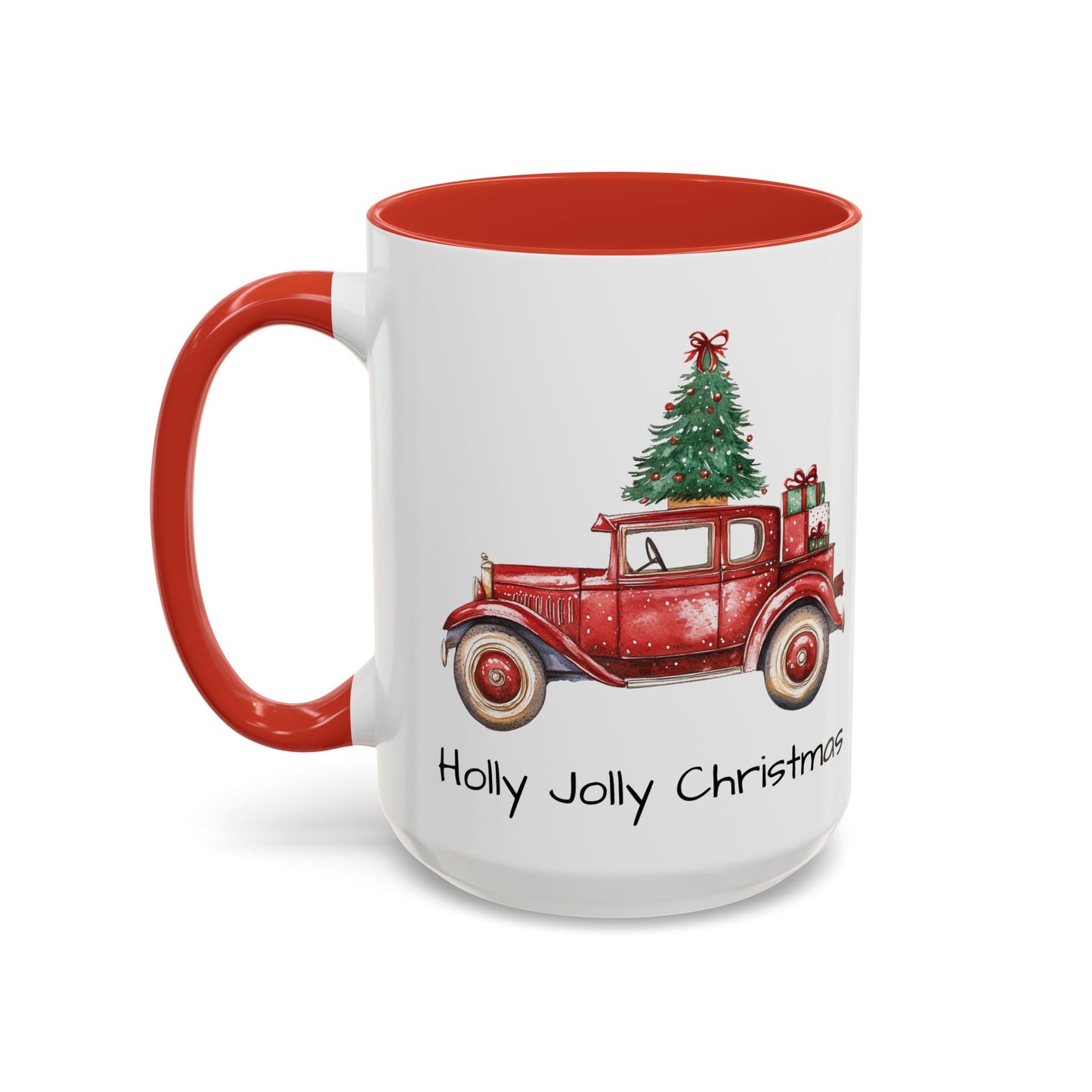 Holly Jolly Christmas Vintage Truck Mug - Vintage Red Truck with Christmas Tree Design - Perfect for Holiday Cheer