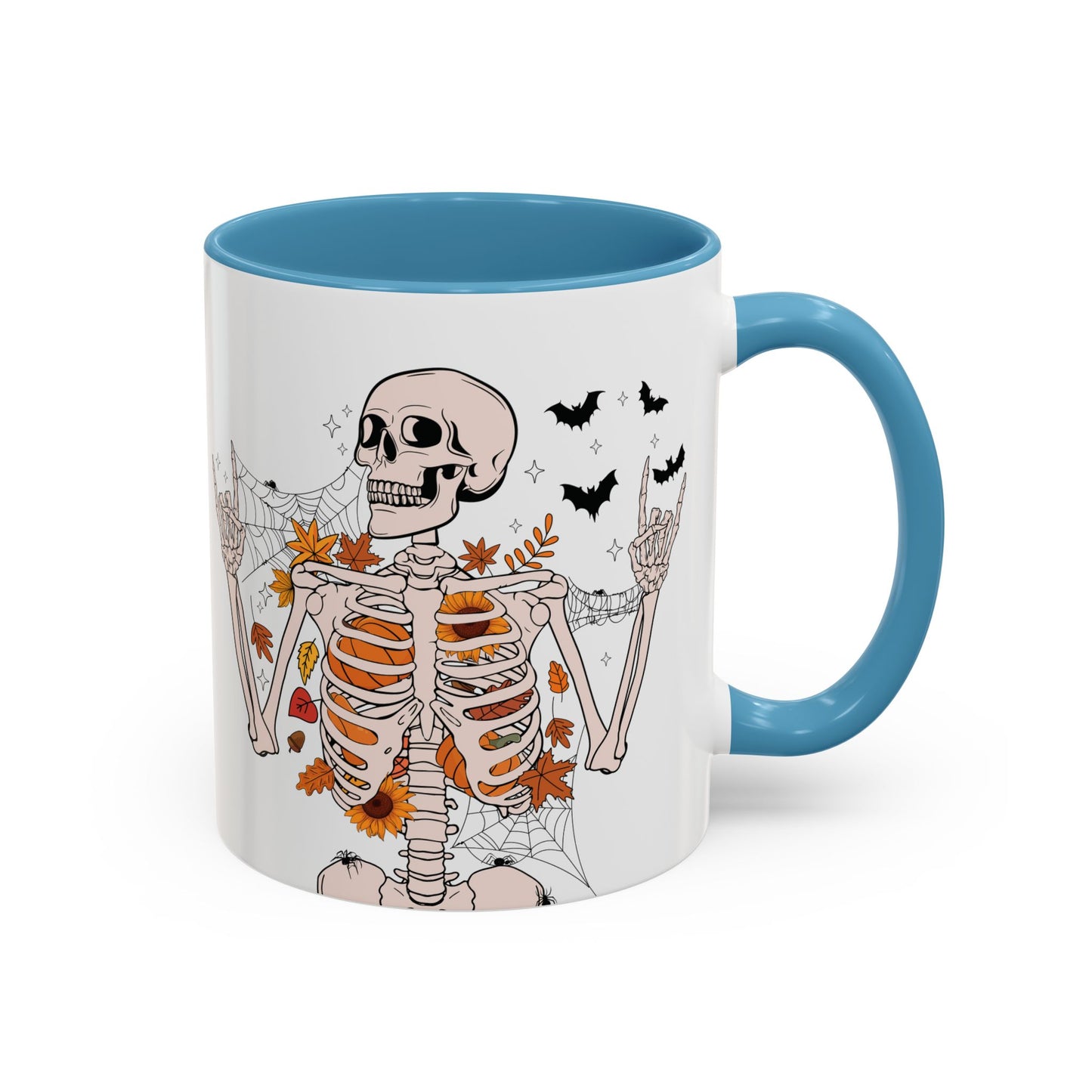 Spooky Skeleton Halloween Mug | 11oz and 15oz Ceramic Coffee Cup | Fall Leaves & Bats Design