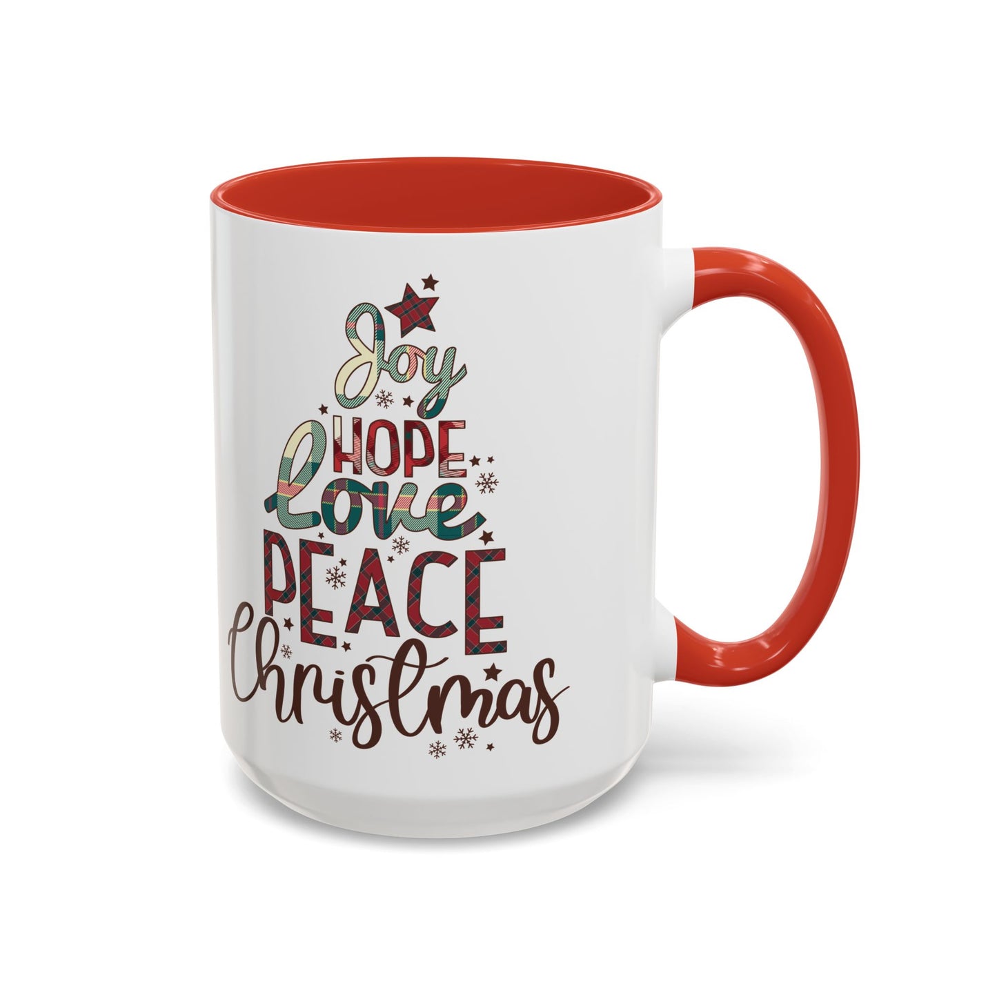 Joy Hope Love Peace Christmas Mug | Festive Holiday Plaid Design | Christmas Tree Word Art Coffee Mug