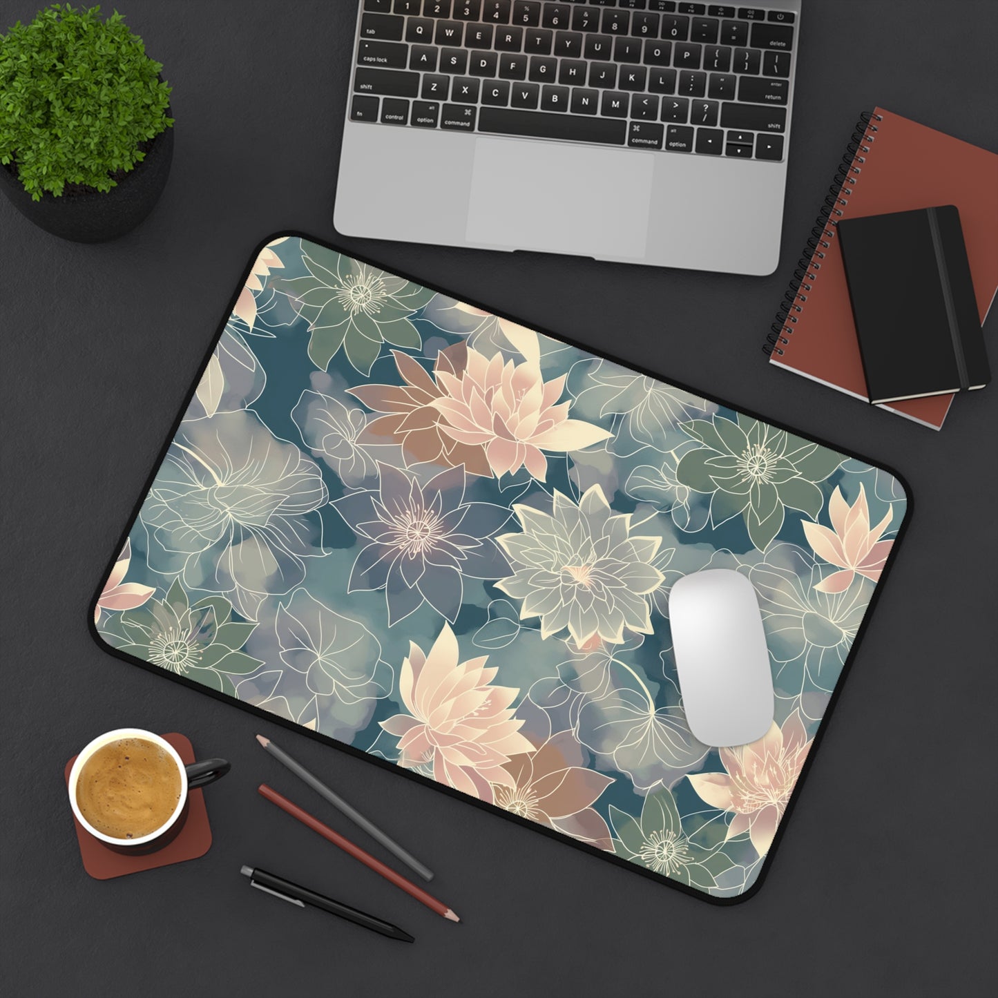 Pastel Lotus Computer Desk Mat | Elegant Floral Mouse Pad | Anti-Slip Neoprene Desk Mat for Home Office | 3 Sizes Available