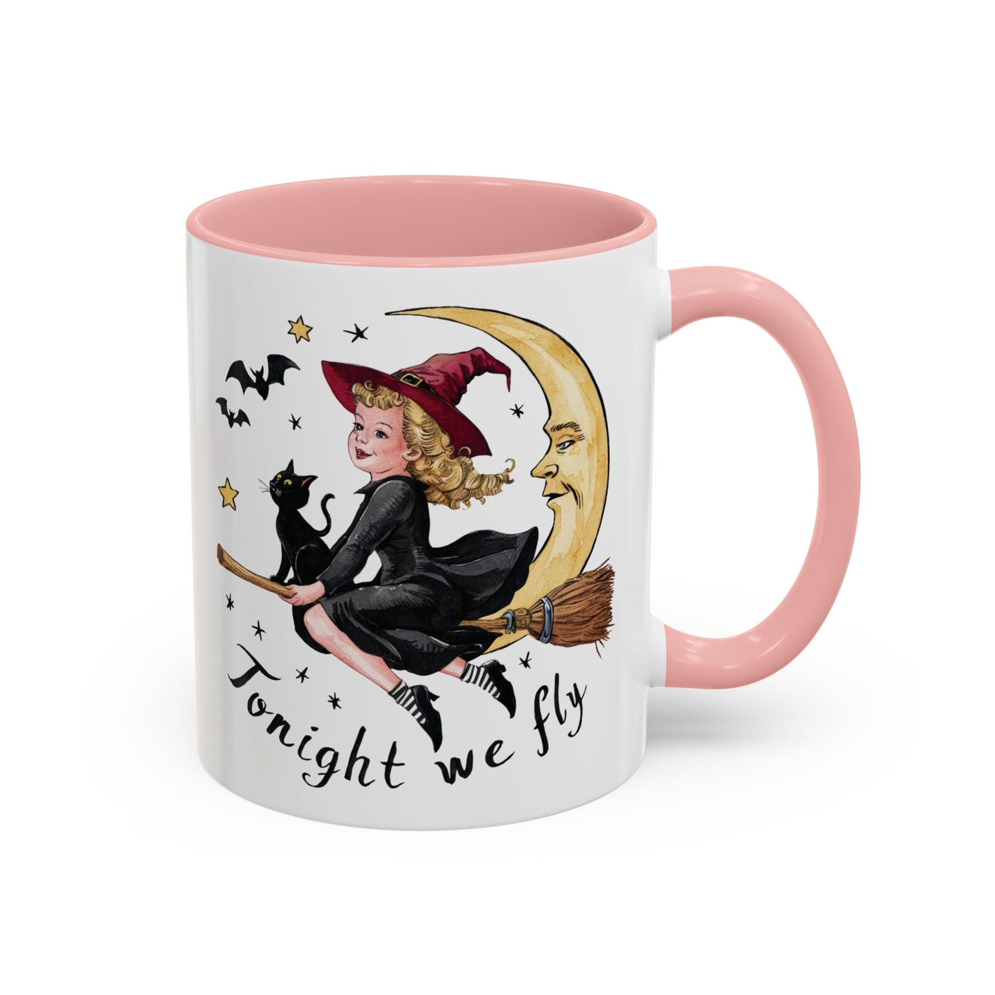 Tonight We Fly Halloween Witch Mug | Vintage Witch and Cat on Broomstick Design | Perfect Halloween Coffee Mug