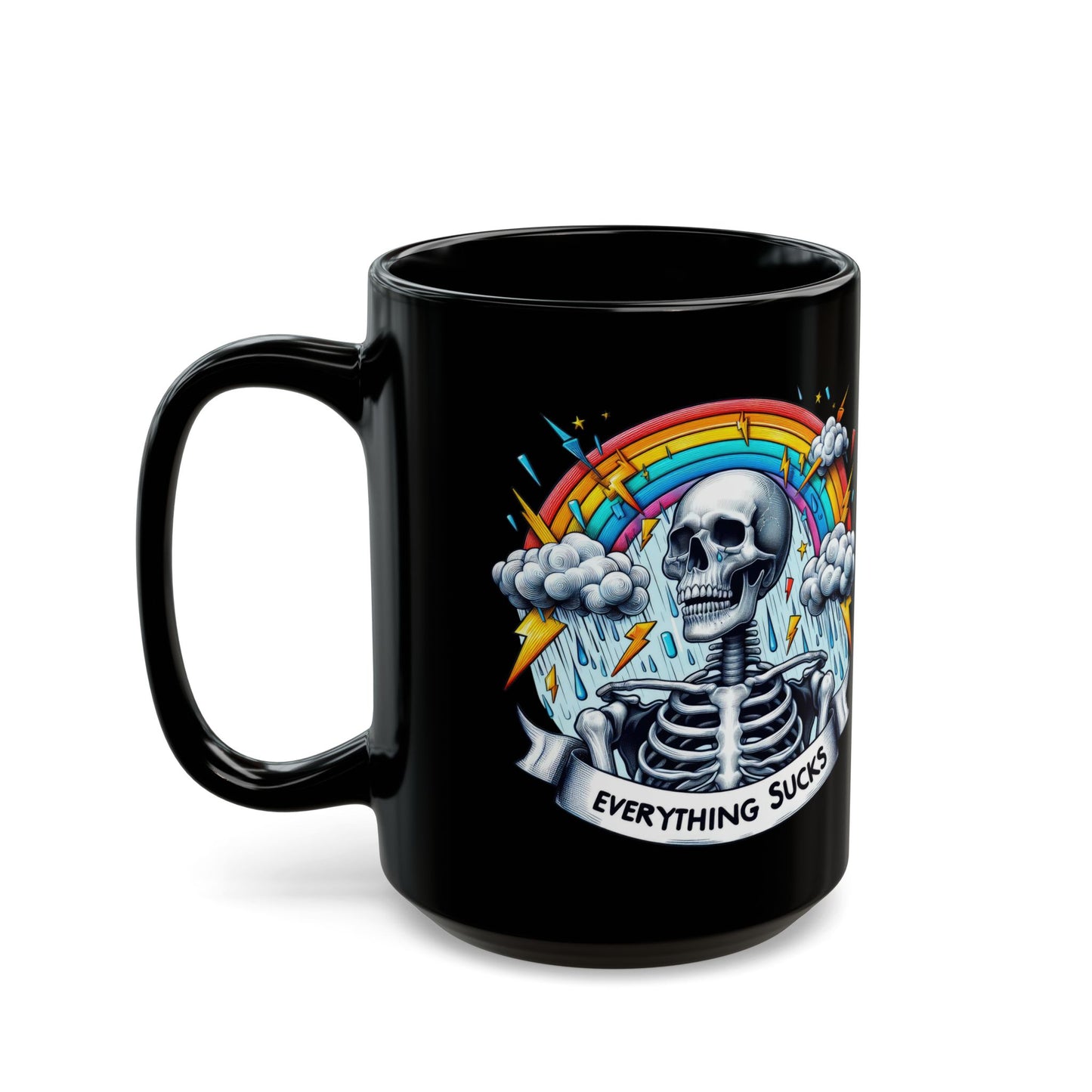 Everything Sucks Skeleton Mug | Dark Humor Rainbow Coffee Cup | Sarcastic Gothic Gift