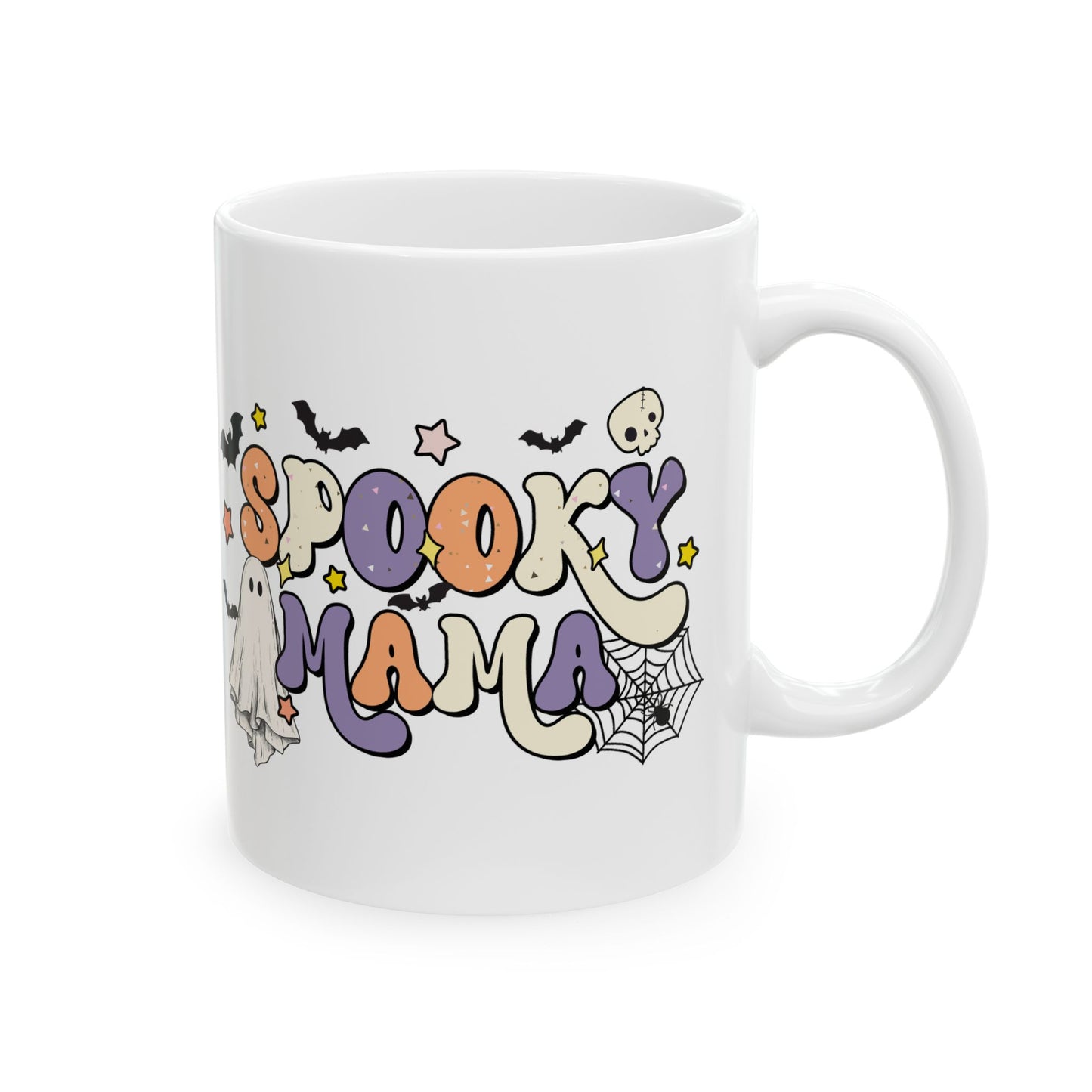 Spooky Mama Halloween Mug - Cute Ghost Coffee Mug - White Ceramic Cup with Spooky Mama Design - Fun Gift for Moms