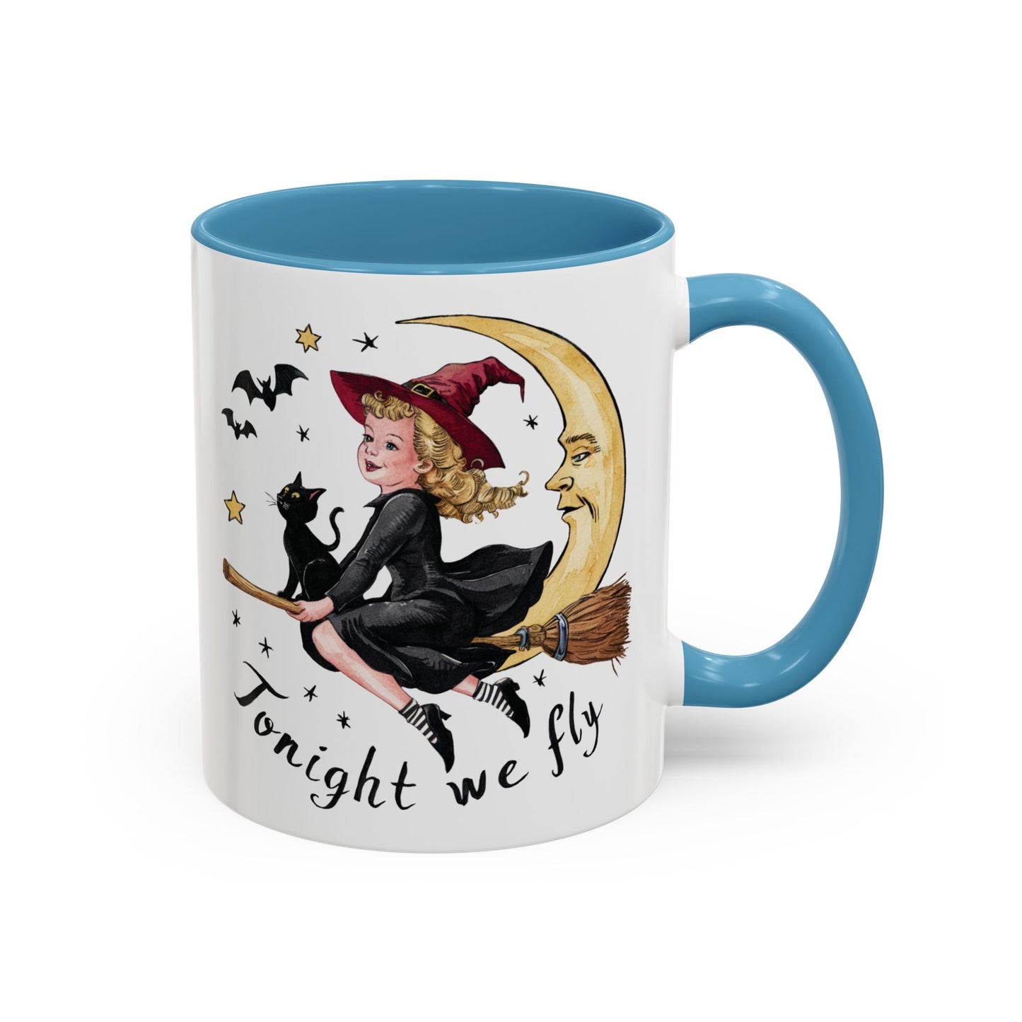 Tonight We Fly Halloween Witch Mug | Vintage Witch and Cat on Broomstick Design | Perfect Halloween Coffee Mug