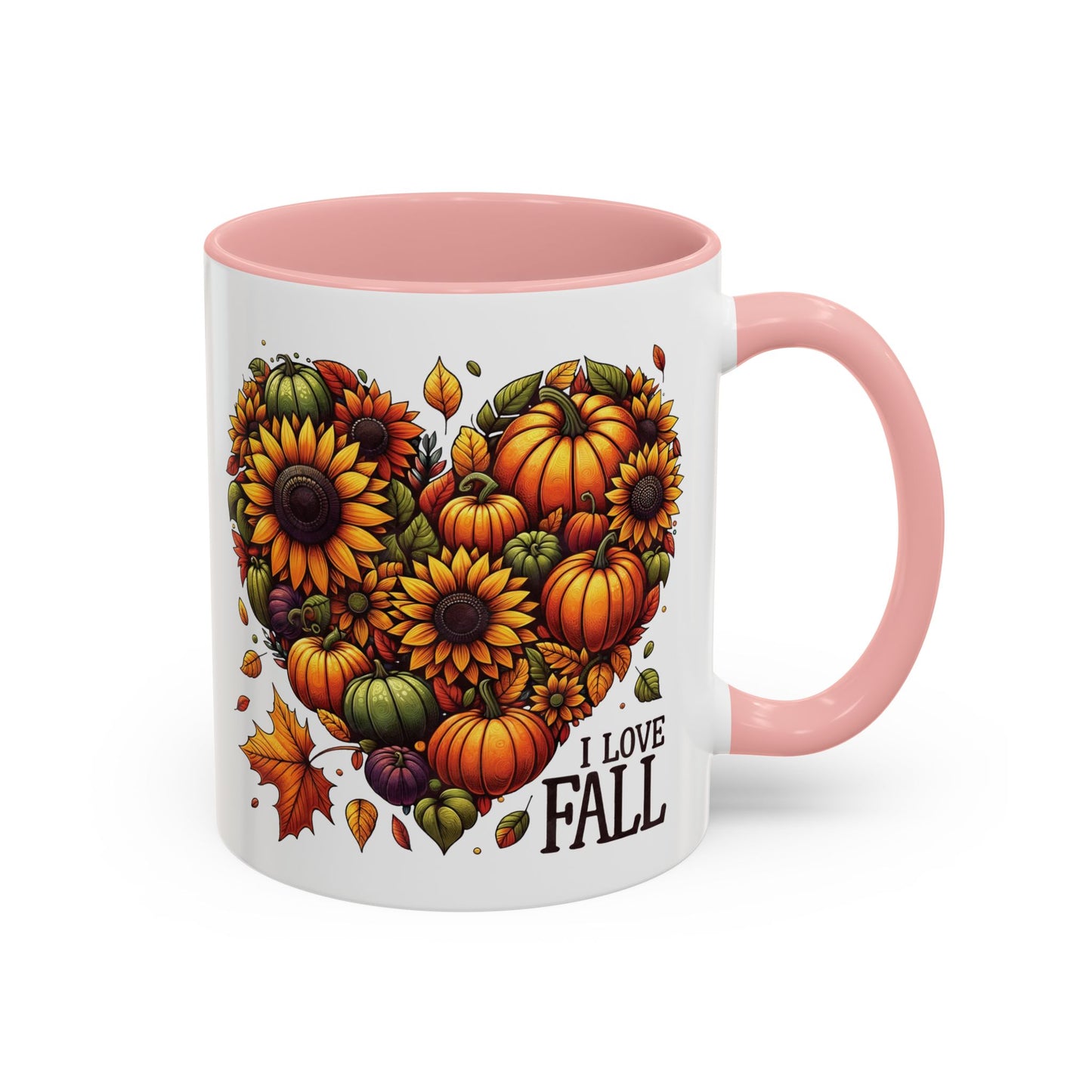 I Love Fall Autumn Mug | 11oz and 15oz Ceramic Coffee Cup | Sunflower and Pumpkin Heart Design