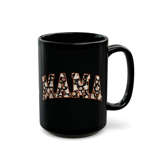 MAMA Halloween Floral Ghost Mug | 11oz and 15oz Black Ceramic Coffee Cup | Stylish and Spooky Design | Perfect Gift for Moms