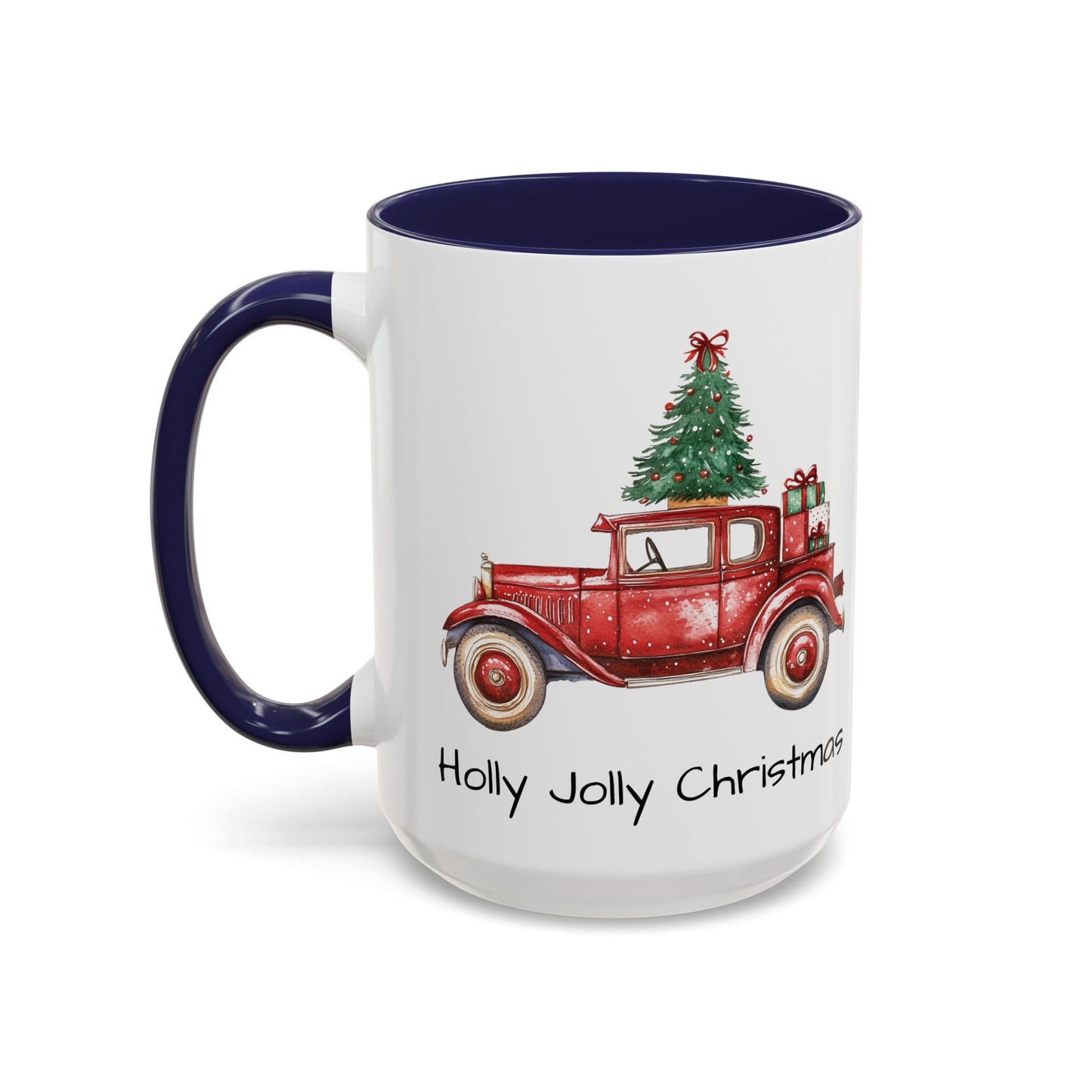 Holly Jolly Christmas Vintage Truck Mug - Vintage Red Truck with Christmas Tree Design - Perfect for Holiday Cheer