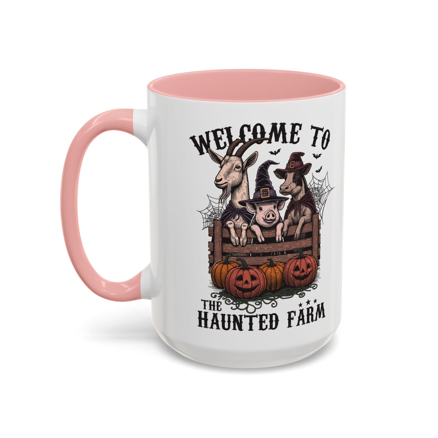 Welcome to the Haunted Farm Mug | Spooky Farm Animal Halloween Cup | Goat, Pig, and Cow in Witch Hats