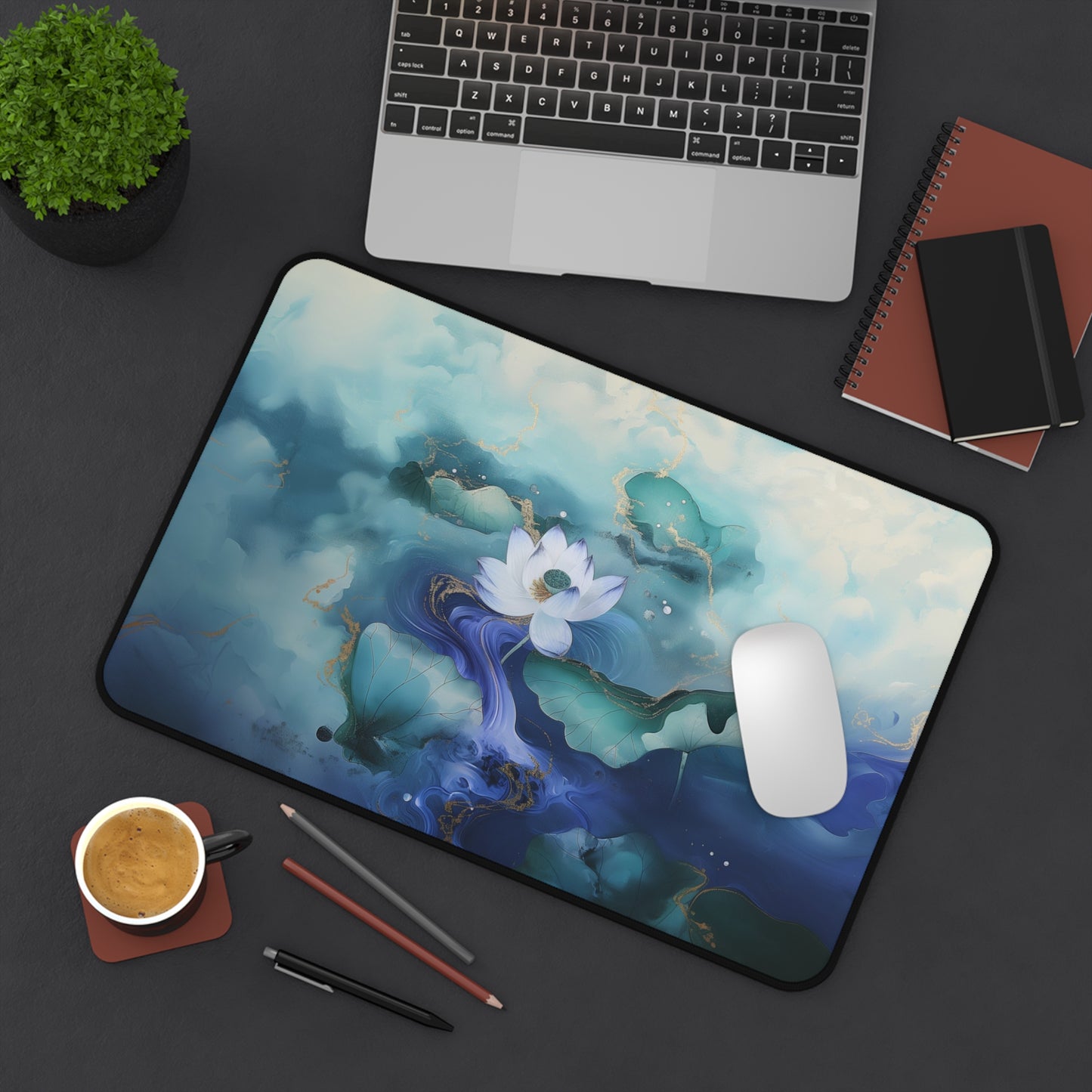 Serene Lotus Computer Desk Mat | Tranquil Water Lily Mouse Pad | Anti-Slip Neoprene Desk Mat for Home Office | 3 Sizes Available