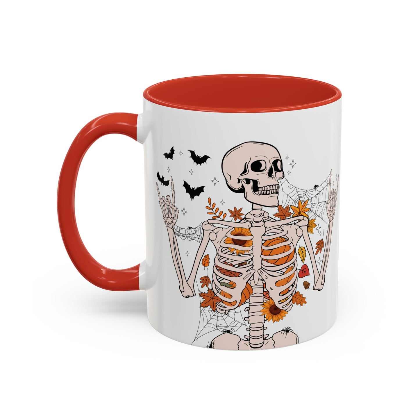 Spooky Skeleton Halloween Mug | 11oz and 15oz Ceramic Coffee Cup | Fall Leaves & Bats Design