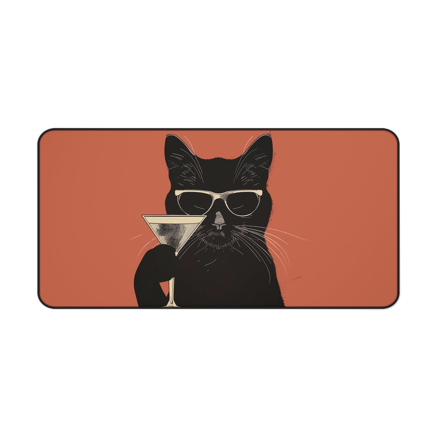 Cool Cat Desk Mat | Retro Black Cat with Martini | Fun Office Decor | Neoprene | Anti-Slip | 3 Sizes