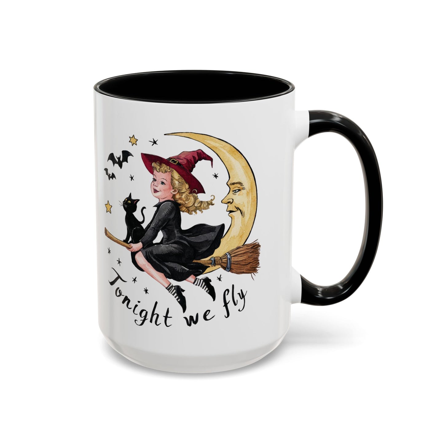 Tonight We Fly Halloween Witch Mug | Vintage Witch and Cat on Broomstick Design | Perfect Halloween Coffee Mug