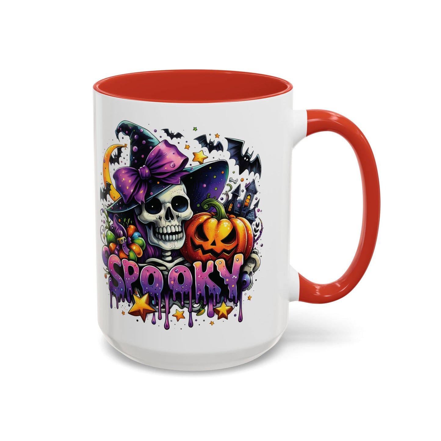 Spooky Halloween Skull Mug | Colorful Witch Hat and Pumpkin Design | 11oz and 15oz Ceramic Coffee Cup