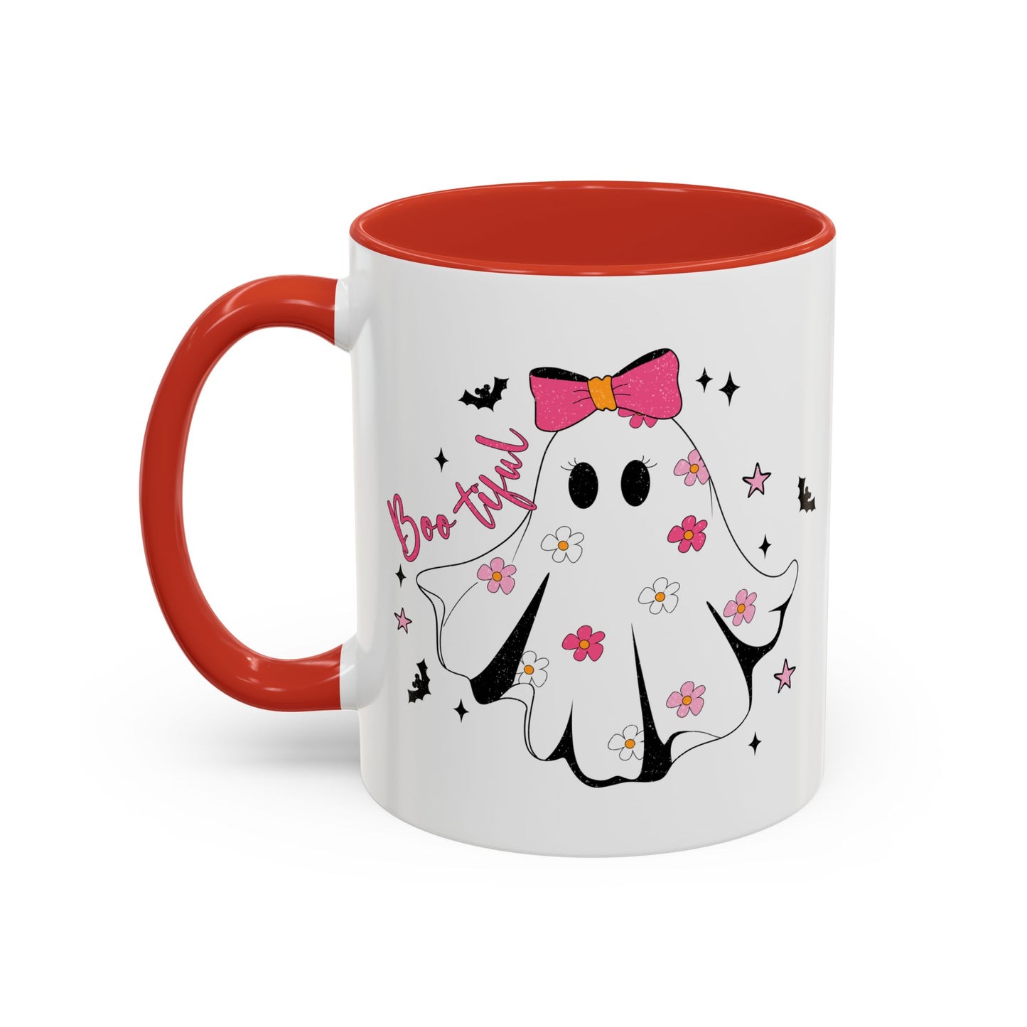 Boo-tiful Halloween Ghost Mug | 11oz and 15oz Coffee Cup | Cute Floral Design | Pink, Red, Black, Light Blue, or Navy Handle and Interior