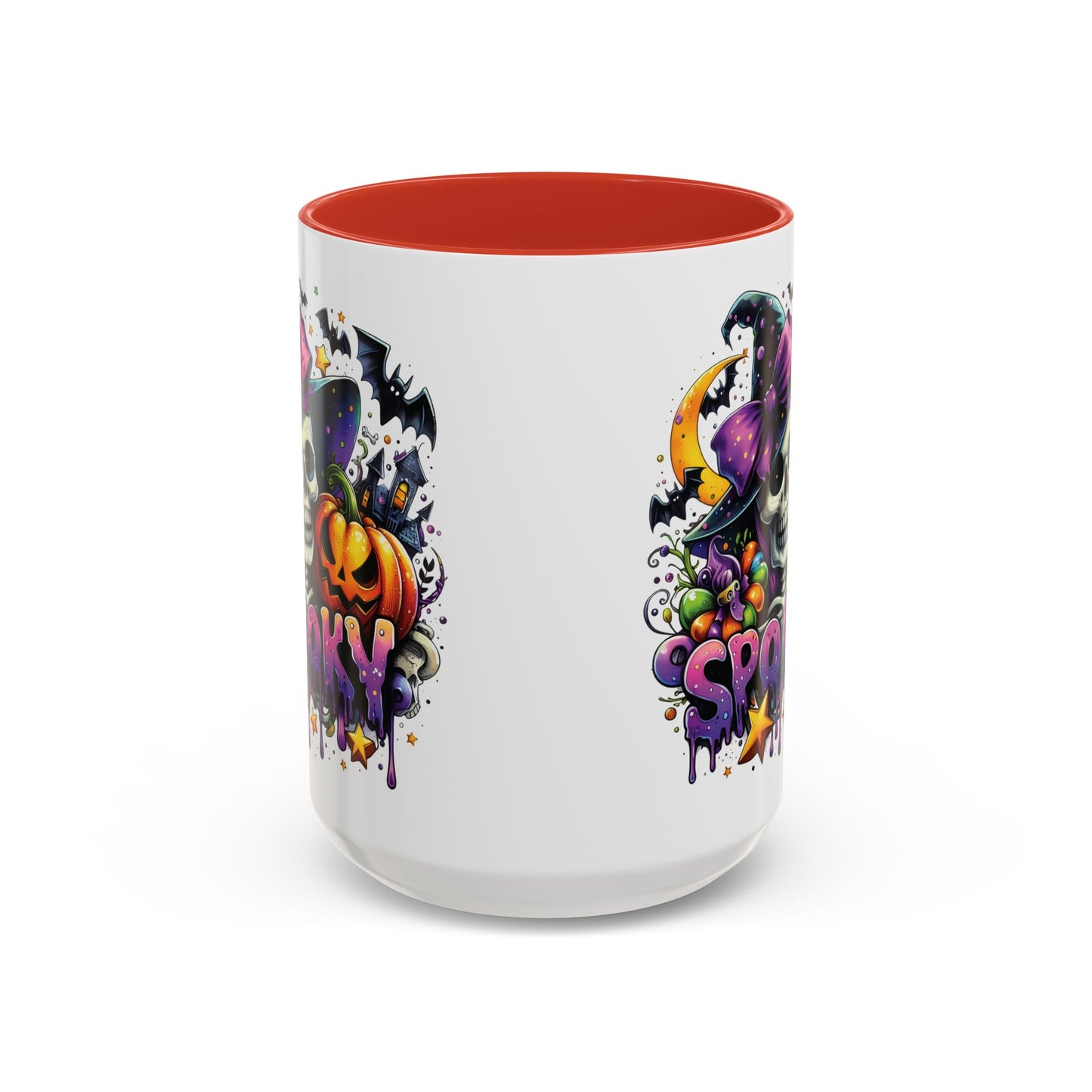 Spooky Halloween Skull Mug | Colorful Witch Hat and Pumpkin Design | 11oz and 15oz Ceramic Coffee Cup