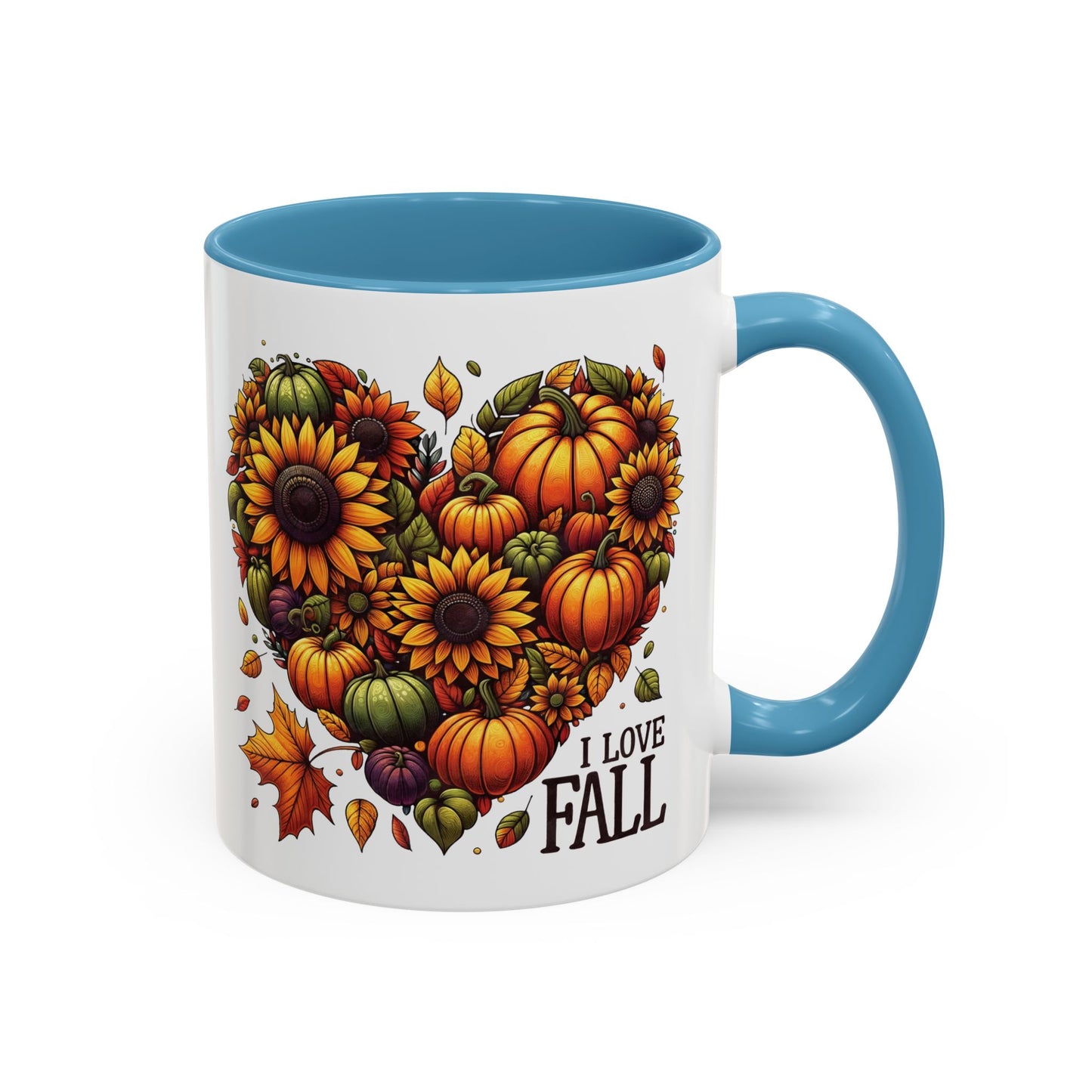 I Love Fall Autumn Mug | 11oz and 15oz Ceramic Coffee Cup | Sunflower and Pumpkin Heart Design