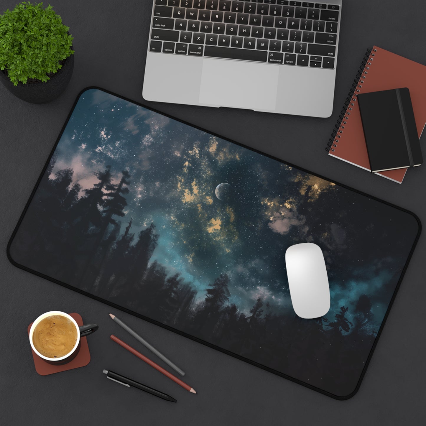 Starry Night Forest Desk Mat | Celestial Anti-Slip | 3 Sizes | Office Decor