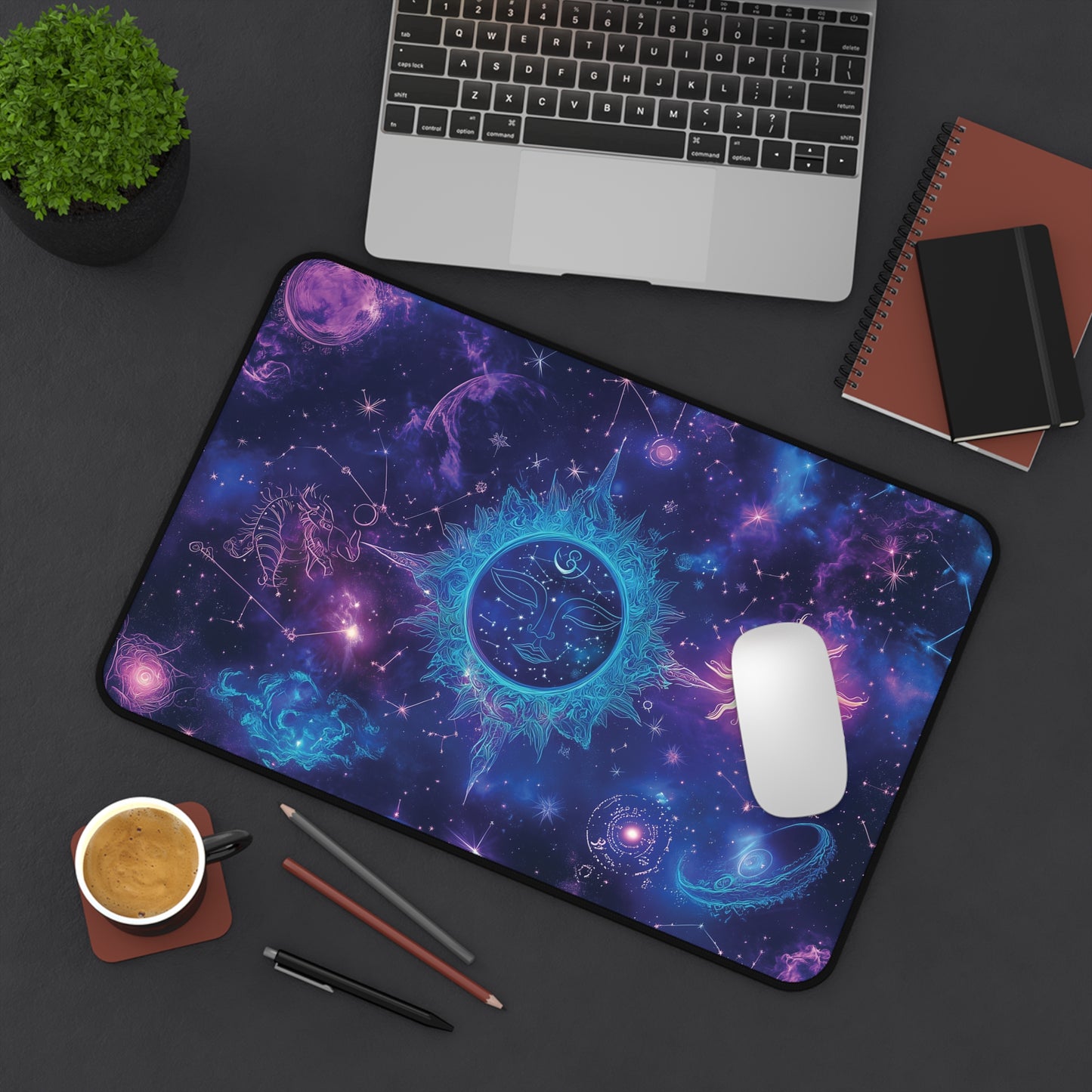 Mystic Sun & Moon Desk Mat | Neoprene | Anti-Slip | Vibrant Celestial Galaxy Design | Office Gaming Decor | 3 Sizes