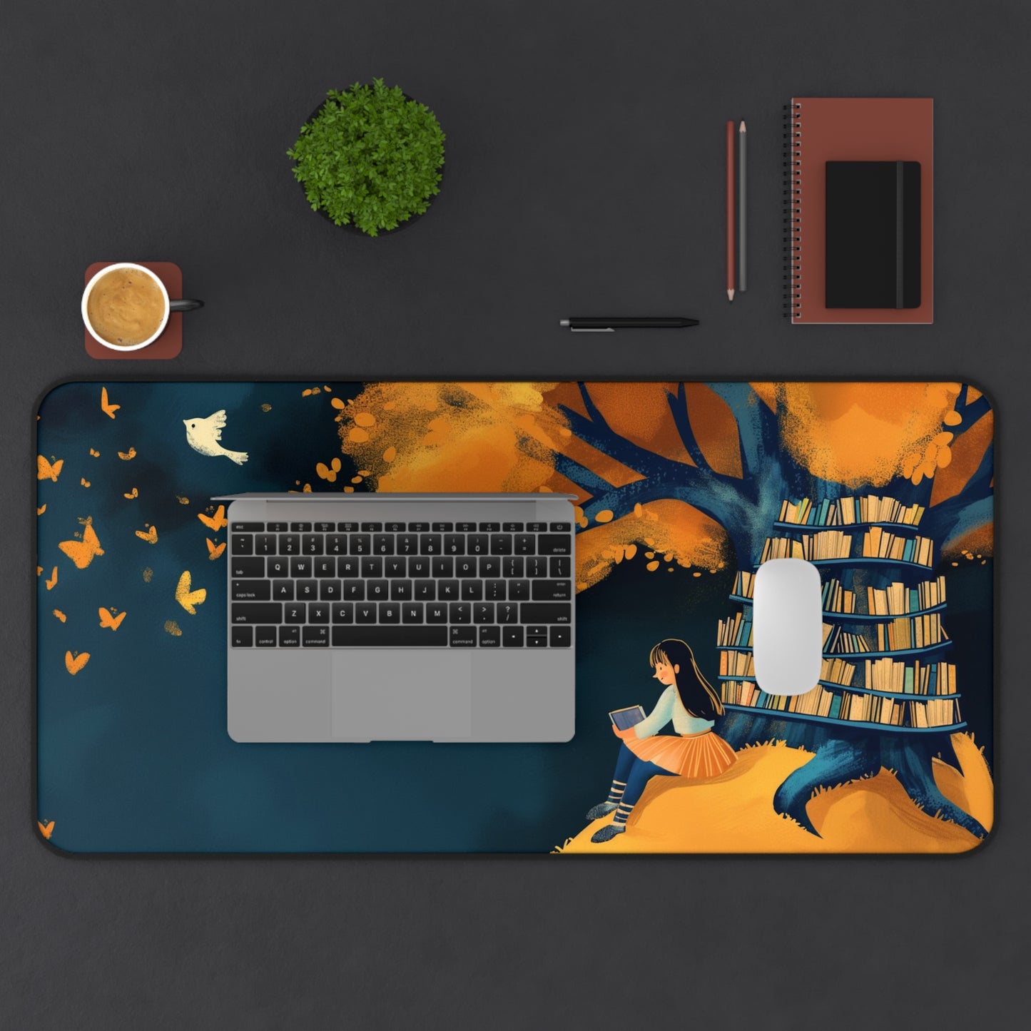 Whimsical Reading Tree Computer Desk Mat | Literary Mouse Pad | Anti-Slip Neoprene Desk Mat for Home Office | 3 Sizes Available